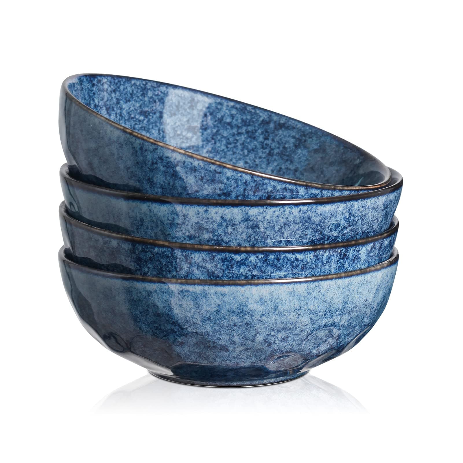 Rice Dessert Cereal Bowls 4 Piece Stoneware Vintage Look Ceramic Blue Large Serving Bowl, Soup/Mixing/Fruit/Noodle/Ramen China Bowl, Capacity of 940 ml. (18x18x6.3 cm)