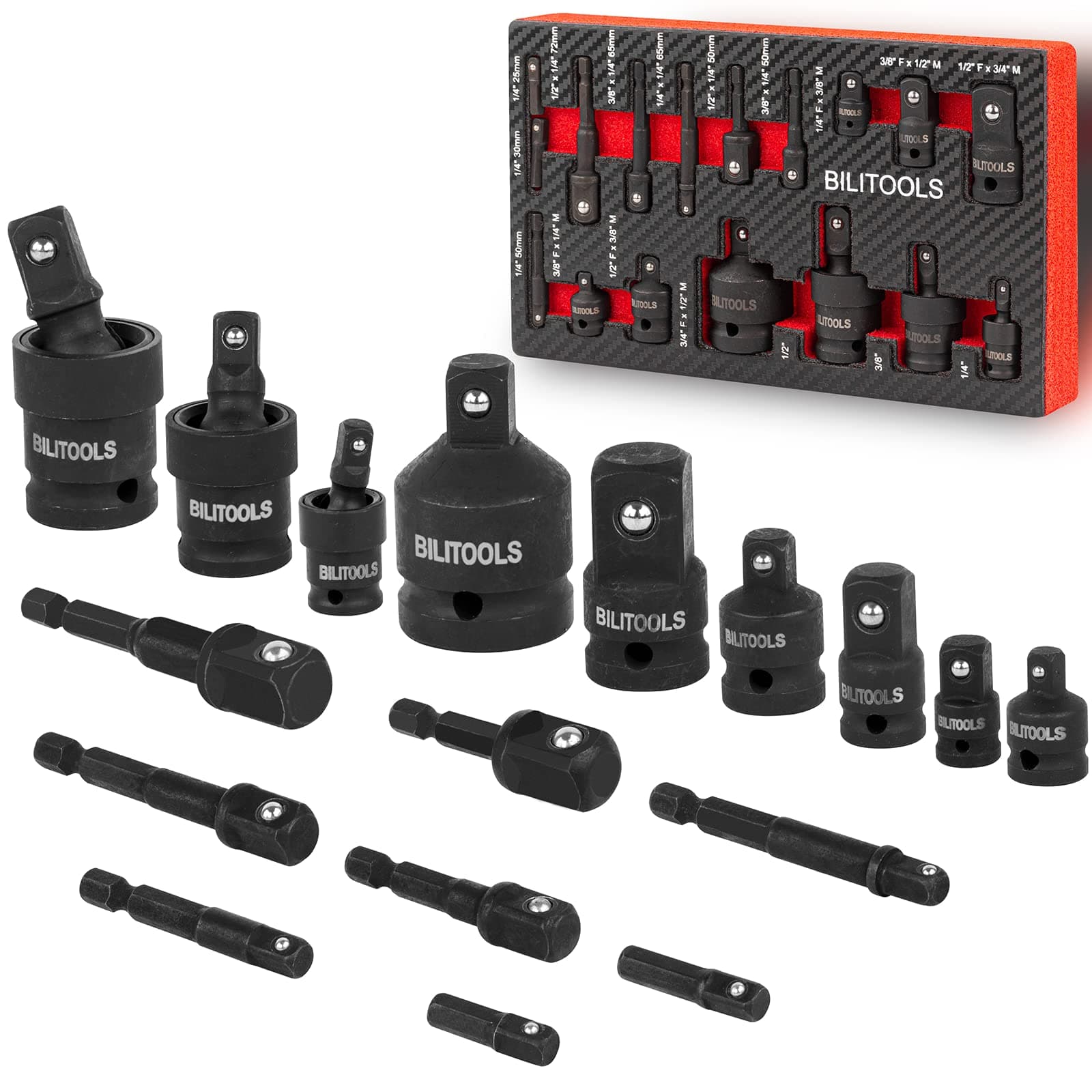 BILITOOLS 17-Piece Socket Adapter Set, Universal Joint Socket Set, Drill Adapter 1/4" 3/8" 1/2"
