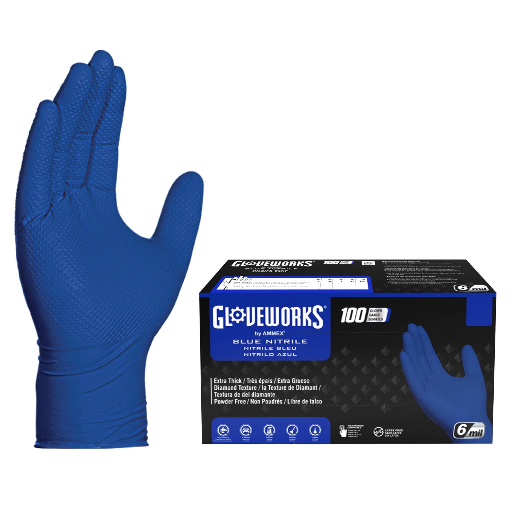 GLOVEWORKSHD Industrial Royal Blue Nitrile Gloves with Raised Diamond Texture Grip, Box of 100, 6 Mil, Size Medium, Latex Free, Powder Free, Textured, Disposable, Food Safe, GWRBN44100BX