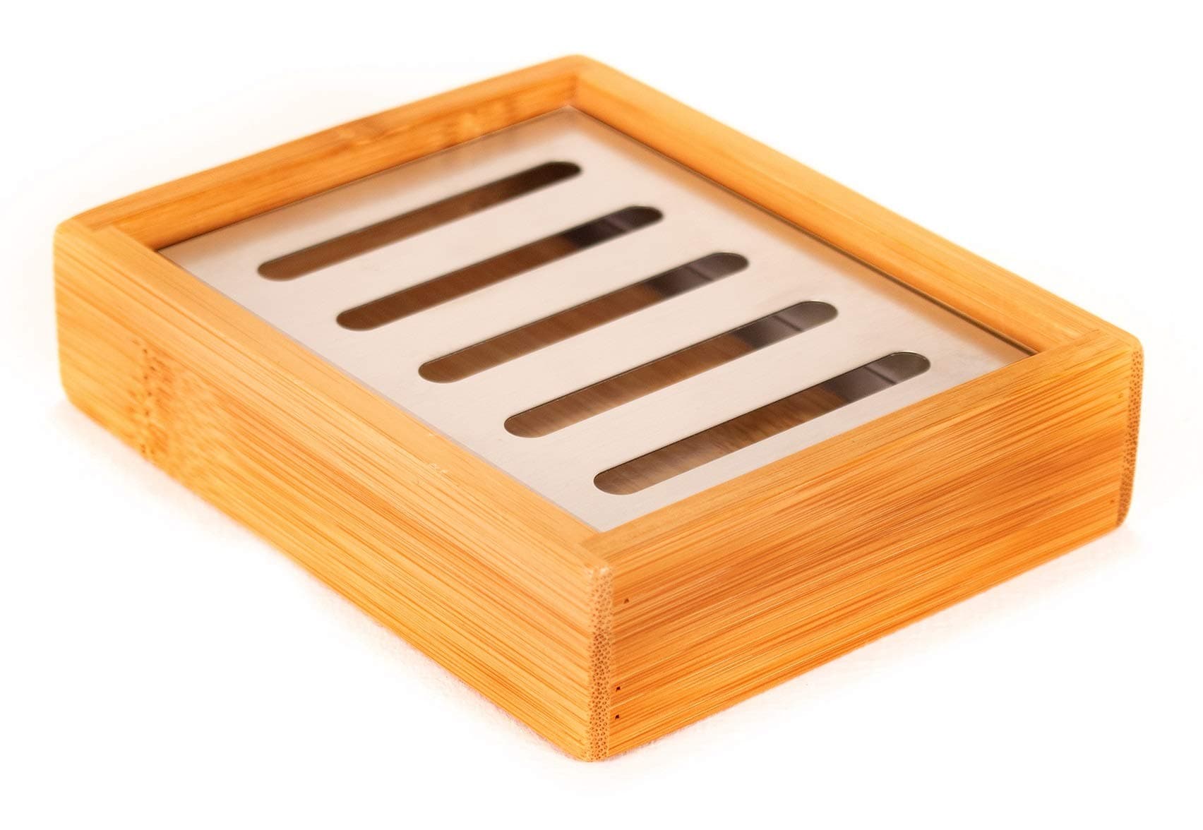 Rovello Wooden Soap Dish for Kitchen & Bathroom Bamboo Soap Holder with Stainless Steel Drainer, Comes with Complimentary Nail Brush