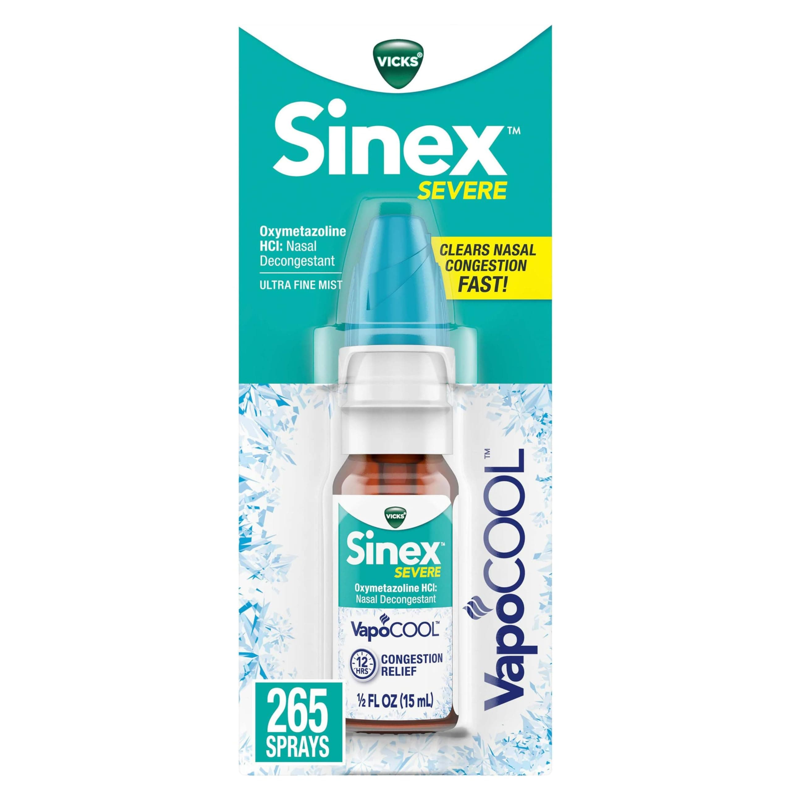 Vicks Sinex SEVERE Nasal Spray with VapoCOOL, Soothing Vicks Vapors, Decongestant Medicine, Relief from Stuffy Nose due to Cold or Allergy, & Nasal Congestion, Sinus Pressure Relief, 265 Sprays