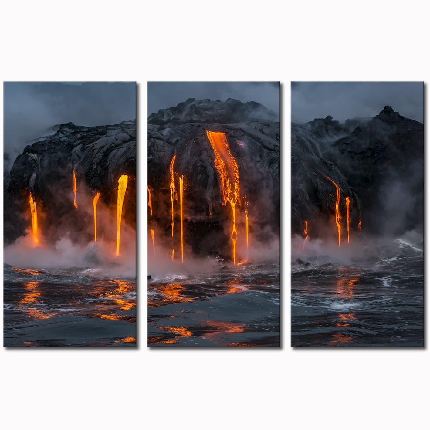 3 Piece Canvas Wall Art Twilight Flow Sea View of Kilauea Volcano in Big Island Hawaii United States Modern Home Decor Stretched and Framed Ready to Hang - 16"x32"x3 Panels (1 Hawaii Volcano)