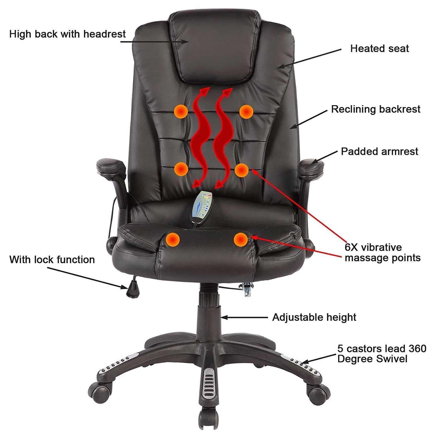 Massage Recliner Gaming Chair Leather Office Chair Heated Executive Adjustable High Back 6 Vibrating Black