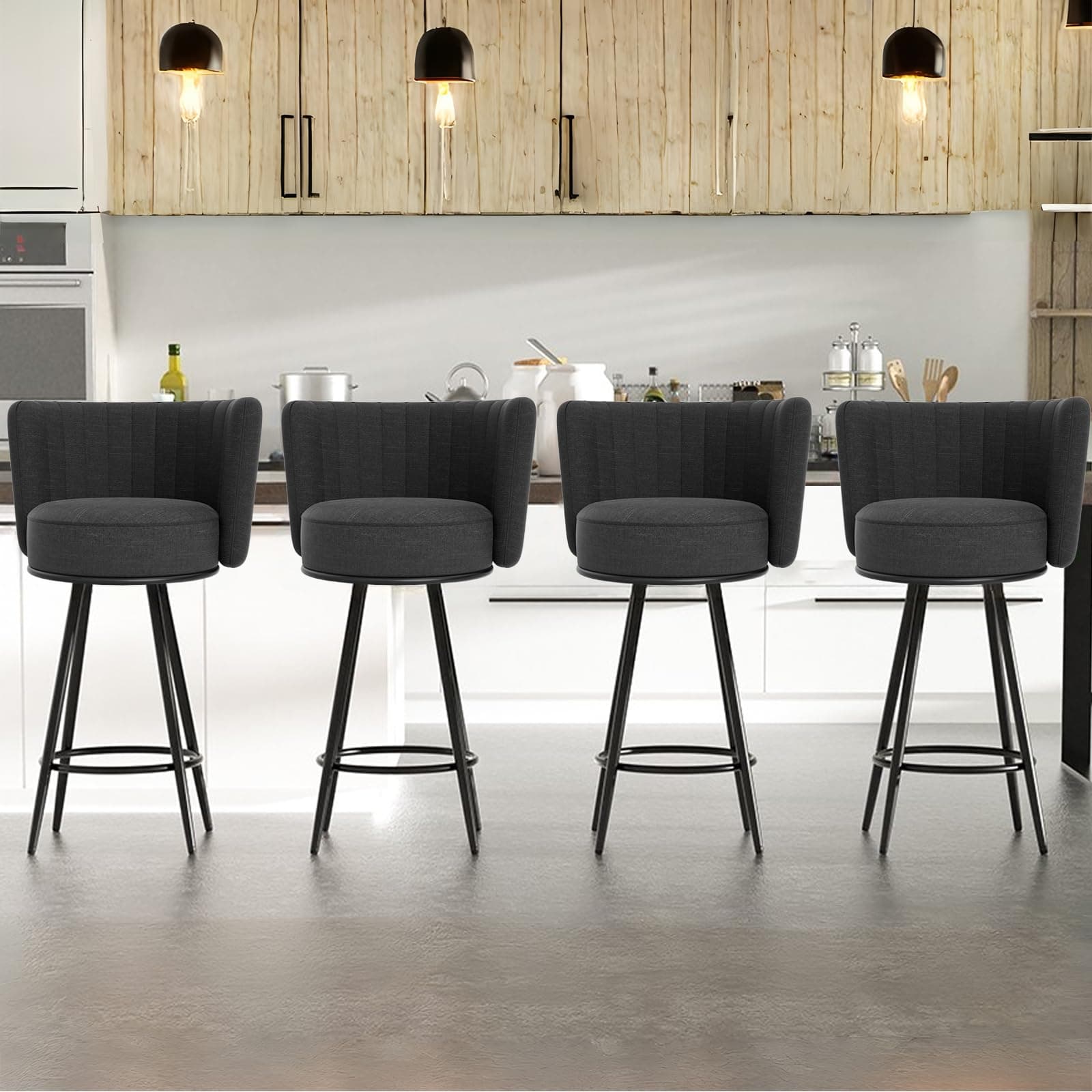 HONIFUR Bar Stools Set of 4, 27" Tufted Modern Counter Height Bar Stools, Upholstered Barstools with Back & Footrest Metal Legs, Stools for Kitchen Island, Counter, Cafes, Dining Room (Dark Grey)