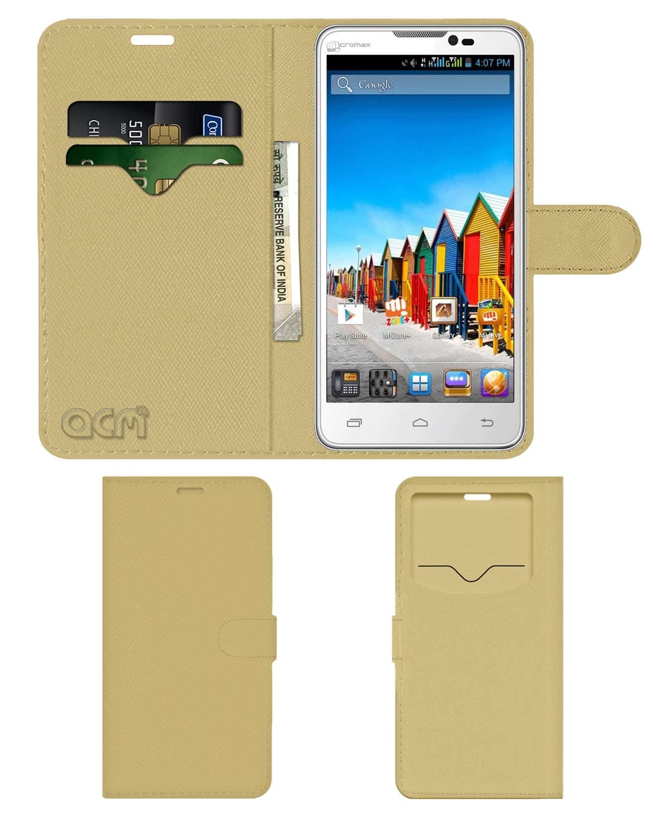 Acm Leather Window Flip Wallet Front & Back Case Compatible with Micromax A111 Canvas Doodle Mobile Cover Golden