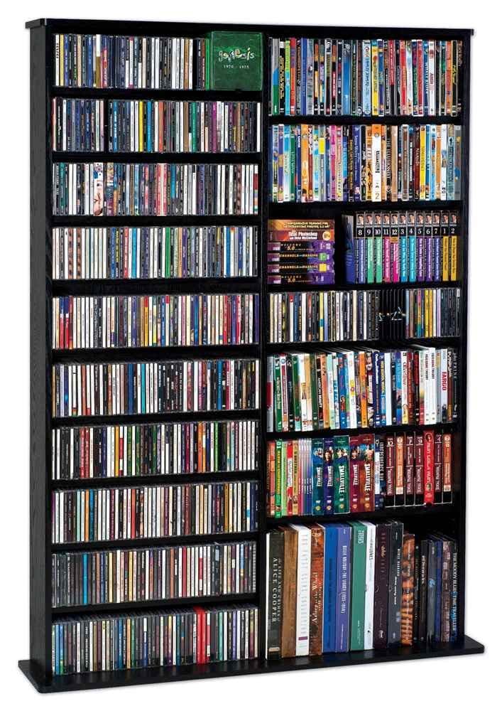 Leslie Dame High Capacity Oak Veneer Multimedia Storage Rack, Black