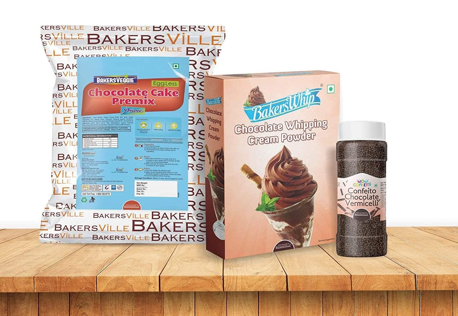 Bakersville Cake Decoration Kit – Combo of Chocolate Whipping Cream Powder (450g), Cake Premix (1kg) & Chocolate Vermicelli (125g)