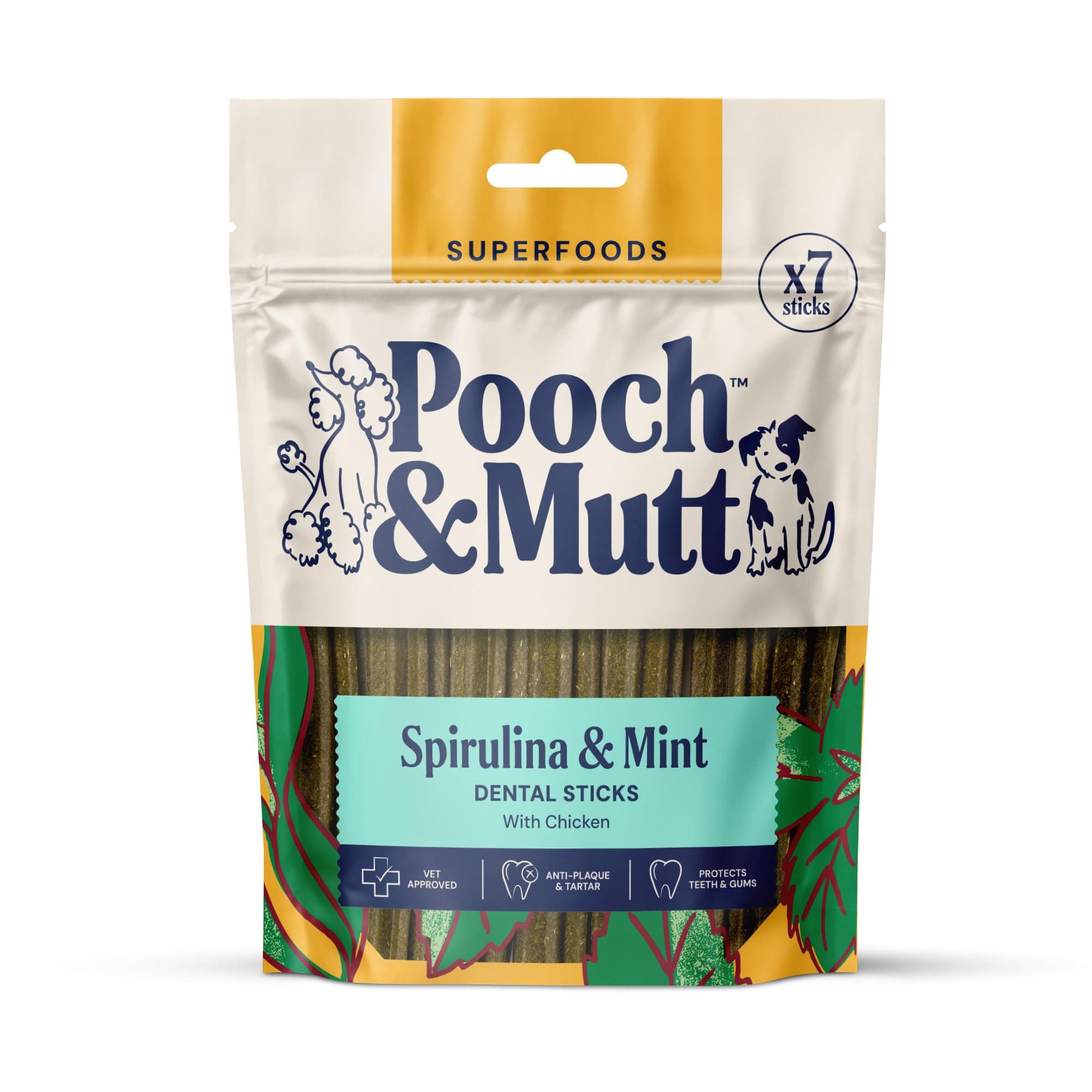 Pooch & Mutt - Superfood Dog Dental Sticks (Regular Sticks), Dog Dental Chew, for Teeth and Gums Cleaning, Spirulina and Mint Flavour, 1 pack of 7 sticks (packaging may vary)