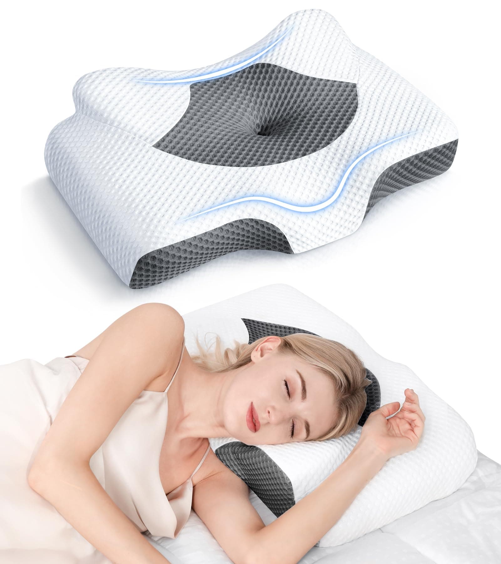 Osteo Cervical Pillow for Neck Pain Relief, Hollow Design Odorless Memory Foam Pillows with Cooling Case, Adjustable Orthopedic Bed Sleeping, Contour Support Side Back Stomach Sleepers