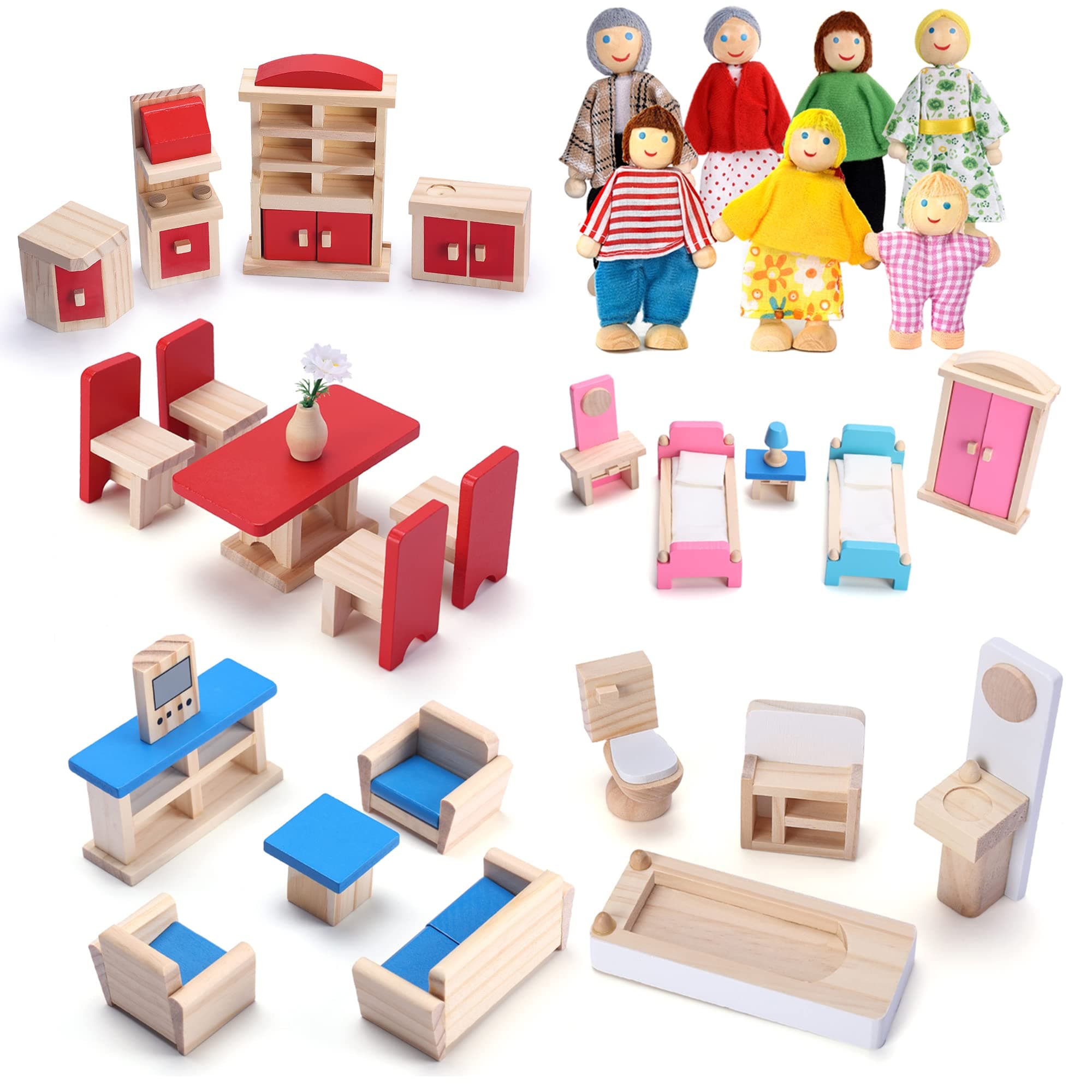 Giragaer Dollhouse Furniture Wooden Doll House Furnisher 5 Set and 7 Family Dolls, Doll Wood Accessories and Furnishings for 1:12 Scale Miniature Dollhouse, Family Figures Pretend Play Toy