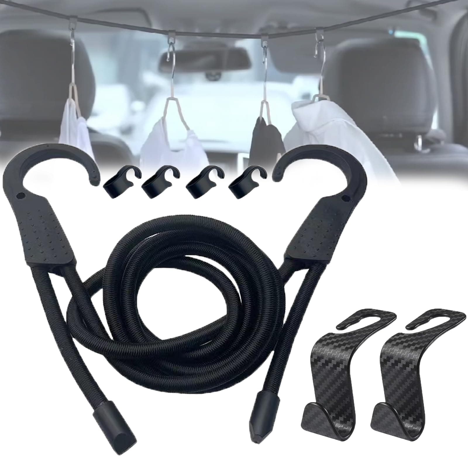 Clothing Rods for Cars Car Clothes Hanger Bar with 4 Hanger Buckle 2 Car Seat Hooks,Elastic and Multifunctional Design,Suitable for Most Scene, Road Travelers Length 59"(Black 1 Pcs)