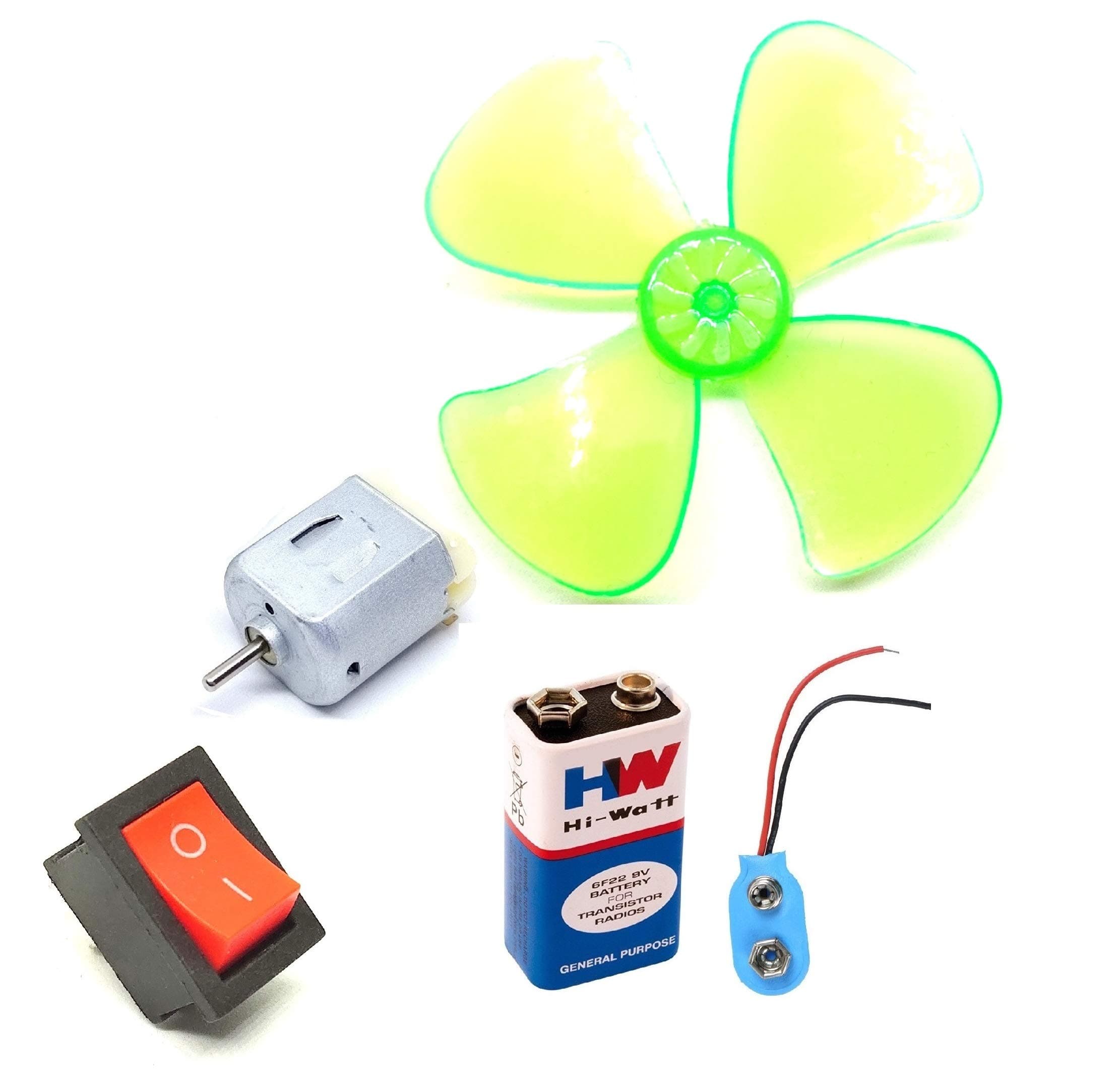 1Pcs DC Motor 20x15x25mm + 60mm 4 Blade Fan + Rocker Switch + 9V Battery Hobby DIY Science Project Kit