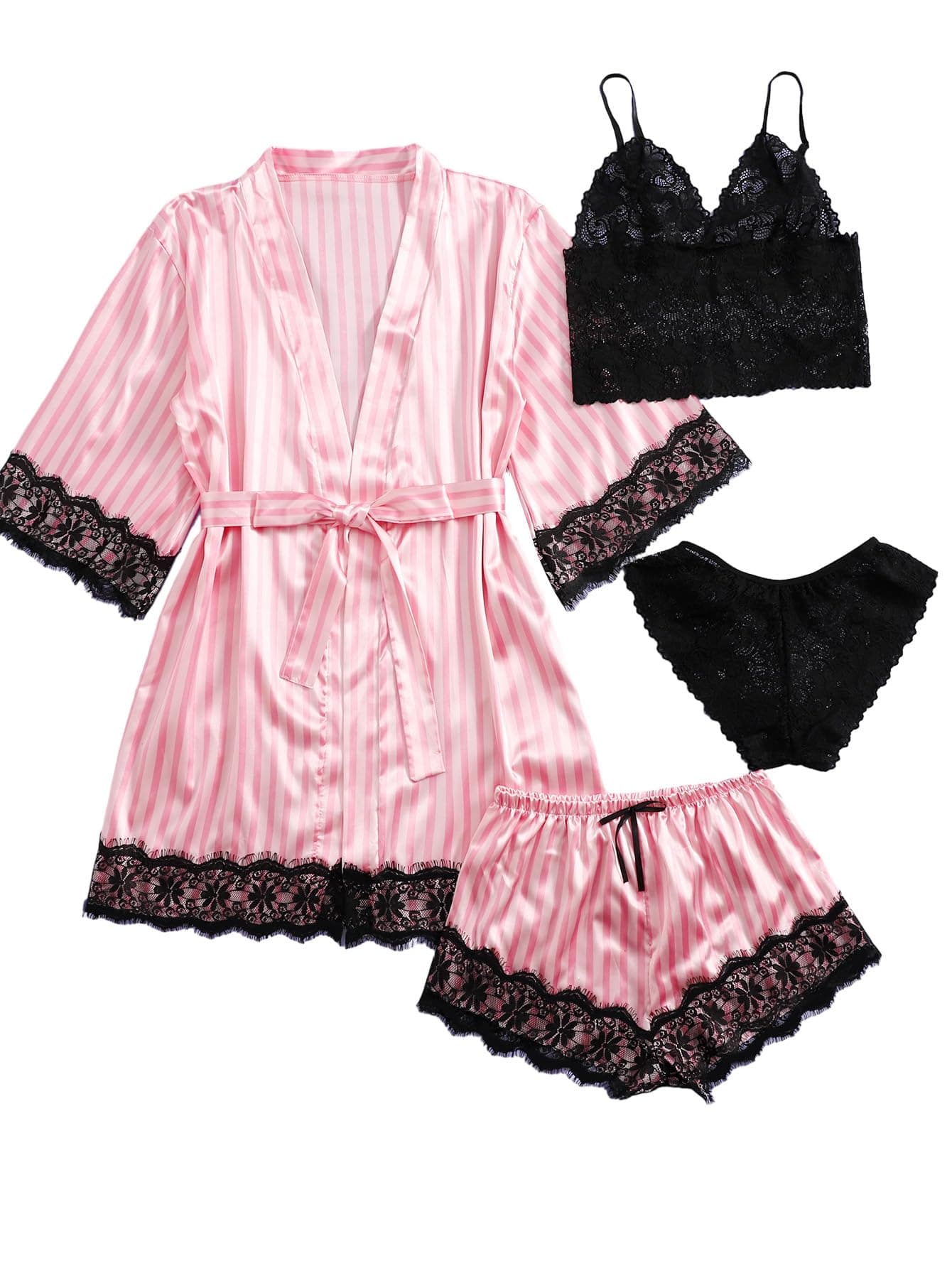 Women's Sleepwear Floral Lace Trim Satin Cami Pajama Set with Robe