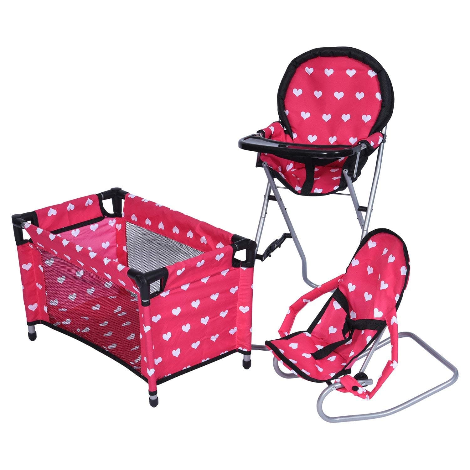 Mega Baby Doll Accessories Set, 3-1 Baby Doll Crib, Baby Doll High Chair & Bouncer Seat. 18 inch Doll Accessories with Doll Bed. 18" Dolls Furniture Play Stuff. Toys for Girls Ages 3-5,4-6,5-7,8-10