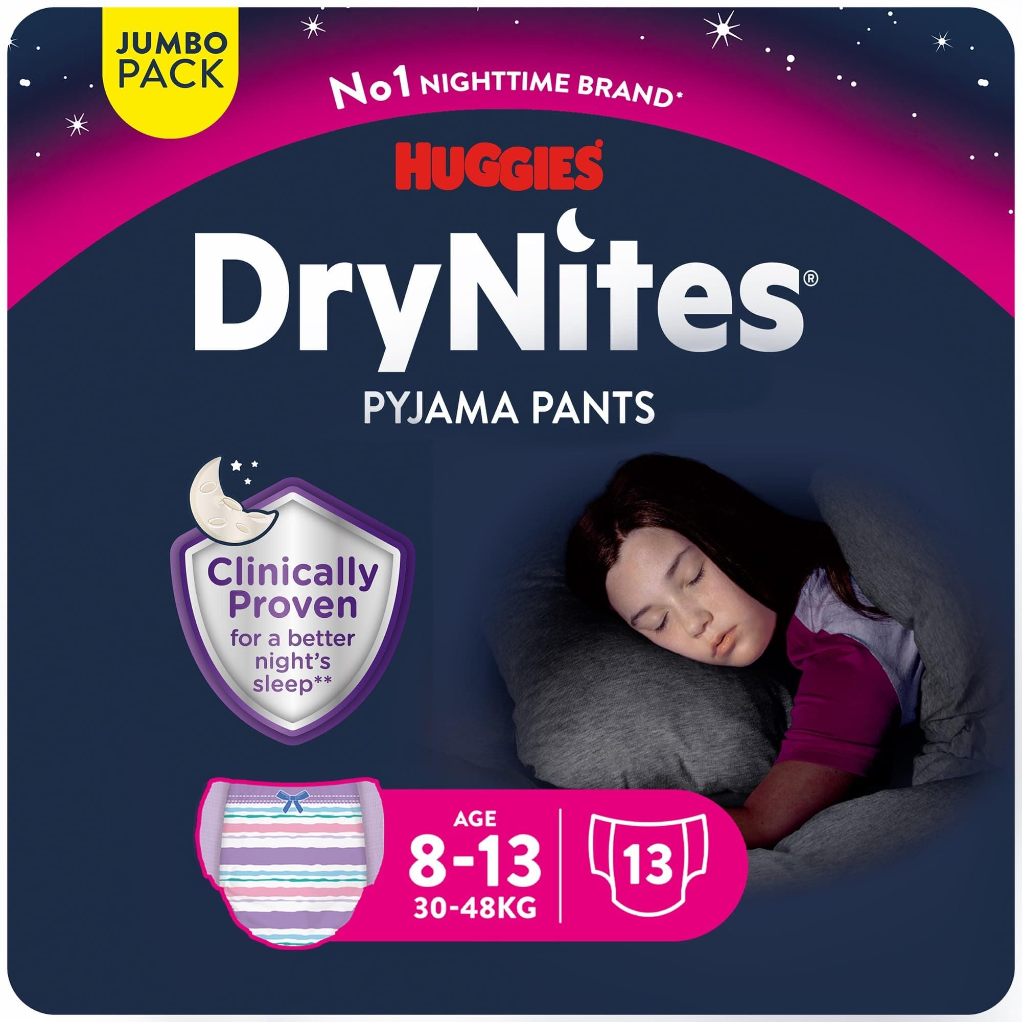 DryNites Pyjama Pants, 8-13 years, Bed Wetting Diaper, Girl, 30-48 kg, Jumbo Pack, 13 Pants