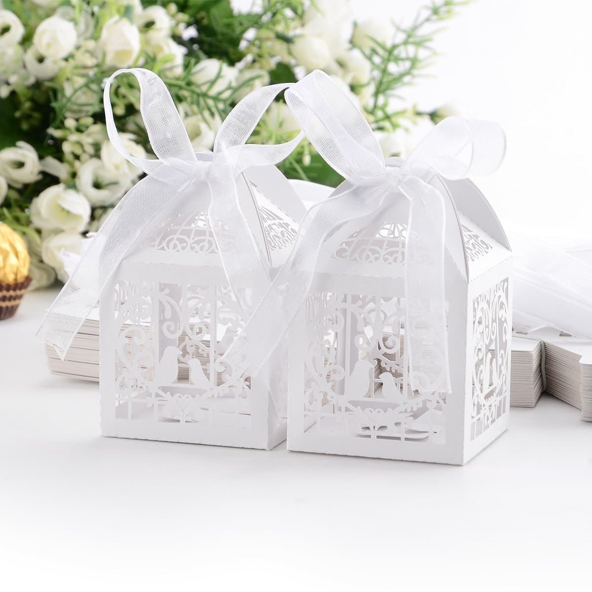 Kumkey 50x Birdcage Candy Box Gift Box Wedding Favor Box Pearl Paper Bonboniere Box with Ribbons for Wedding Birthday Baby Shower Baptism Kids Party Christmas Decor (White)