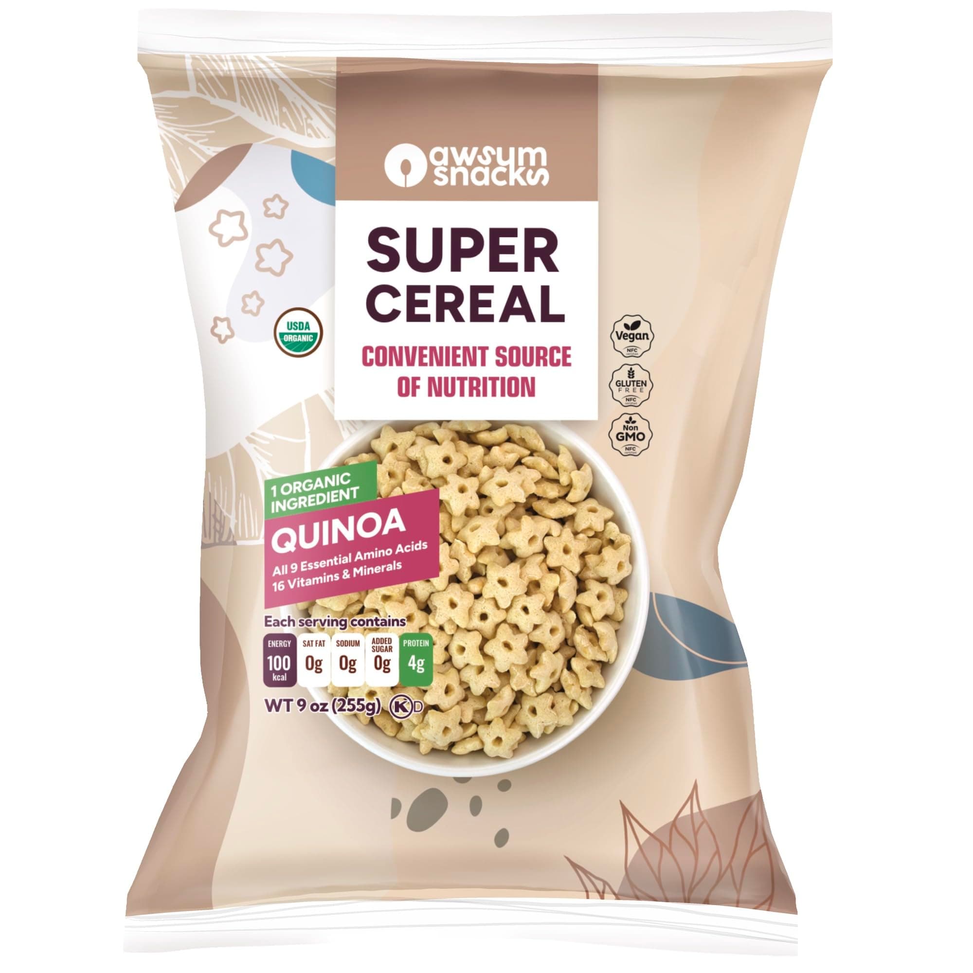 Awsum Snacks SUPERCEREAL 6oz - Certified USDA Organic, Vegan, Gluten Free, Non GMO, Kosher & Grain, Dairy and Sugar Free Cereals - Diabetic Healthy Snack - Cereal Puffed Quinoa Plain
