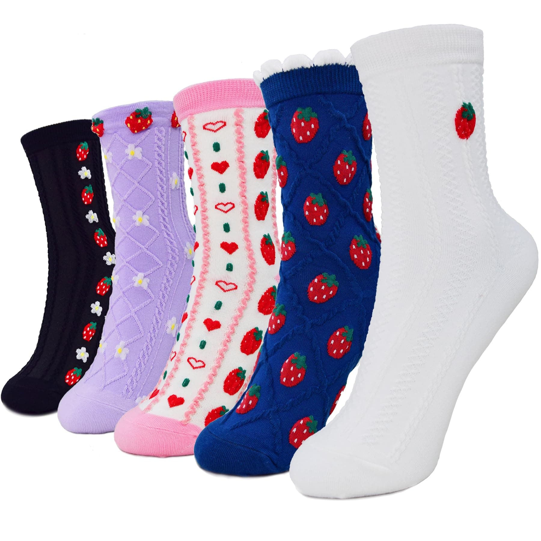 Popuid 6 Pairs Womens Cute Crew Socks, Novelty Cotton Frilly Floral Textured Socks for Women & Teens
