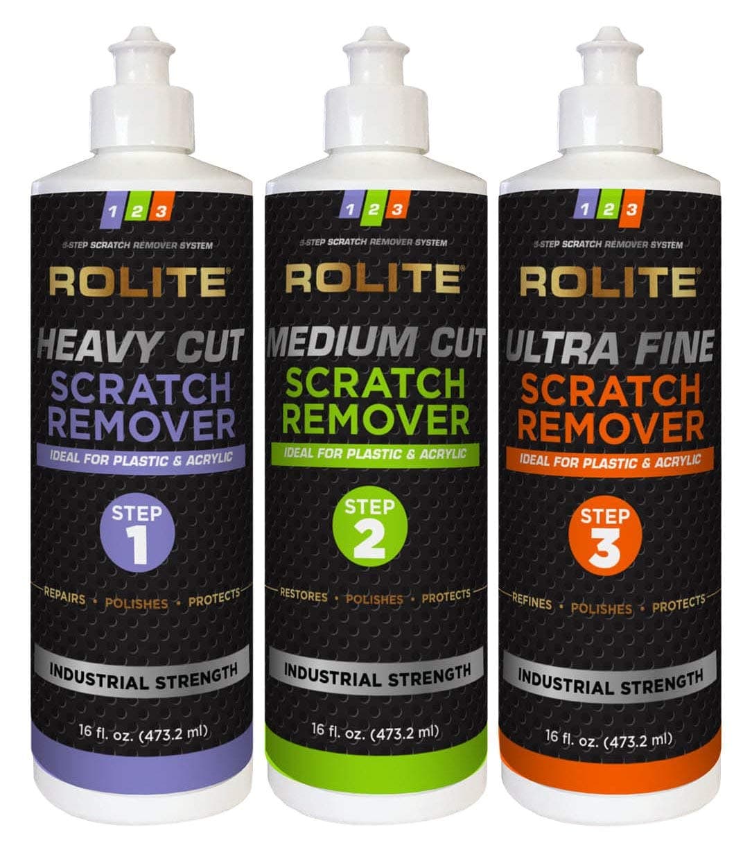 Rolite - RSR3STEP16zCP 3 Step Scratch Removal System for Clear Plastic and Acrylic Surfaces - Heavy Cut, Medium Cut and Ultra Fine Combo Set Removes Scratch and Swirl Marks, 3 - 16 Ounce Bottles
