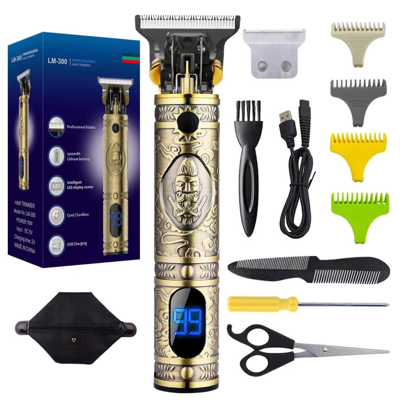 Professional Hair Trimmr Zero Gapped Detail Beard Shaver Barbershop Baldheaded Hair Clipper T-Blade Hair Clipper for Men Electric Pro Li Outline Trimmer Grooming Kit LED Display (Golden)