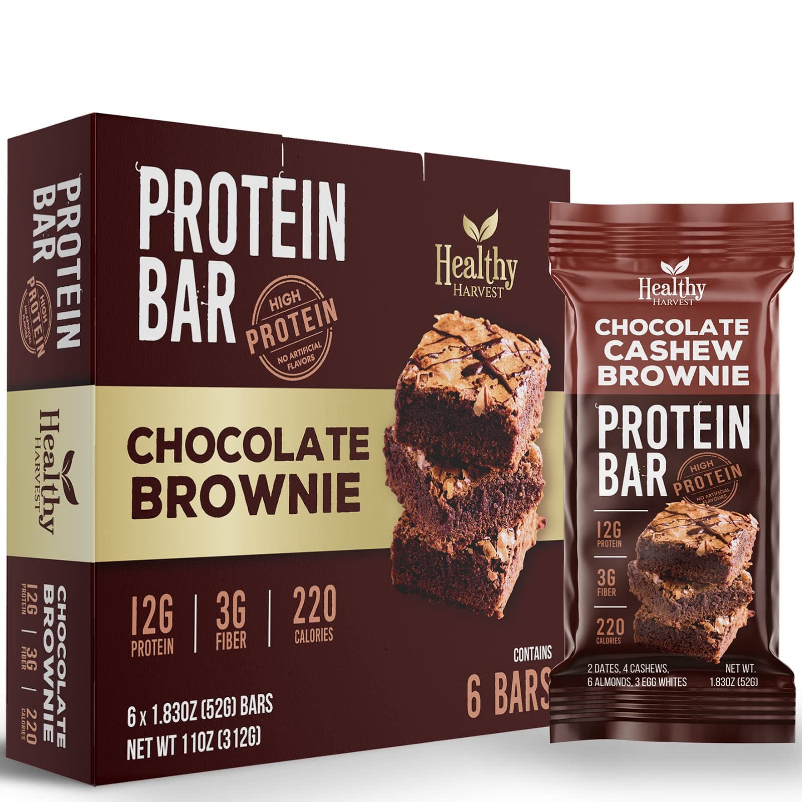 Chocolate Cashew Brownie Protein Bar, Healthy Real Whole Food High Protein Snack Made with 6 Simple Clean Natural Ingredients, Gluten, Dairy, Soy and B.S. Free, No Sugar Added, 6 Bars