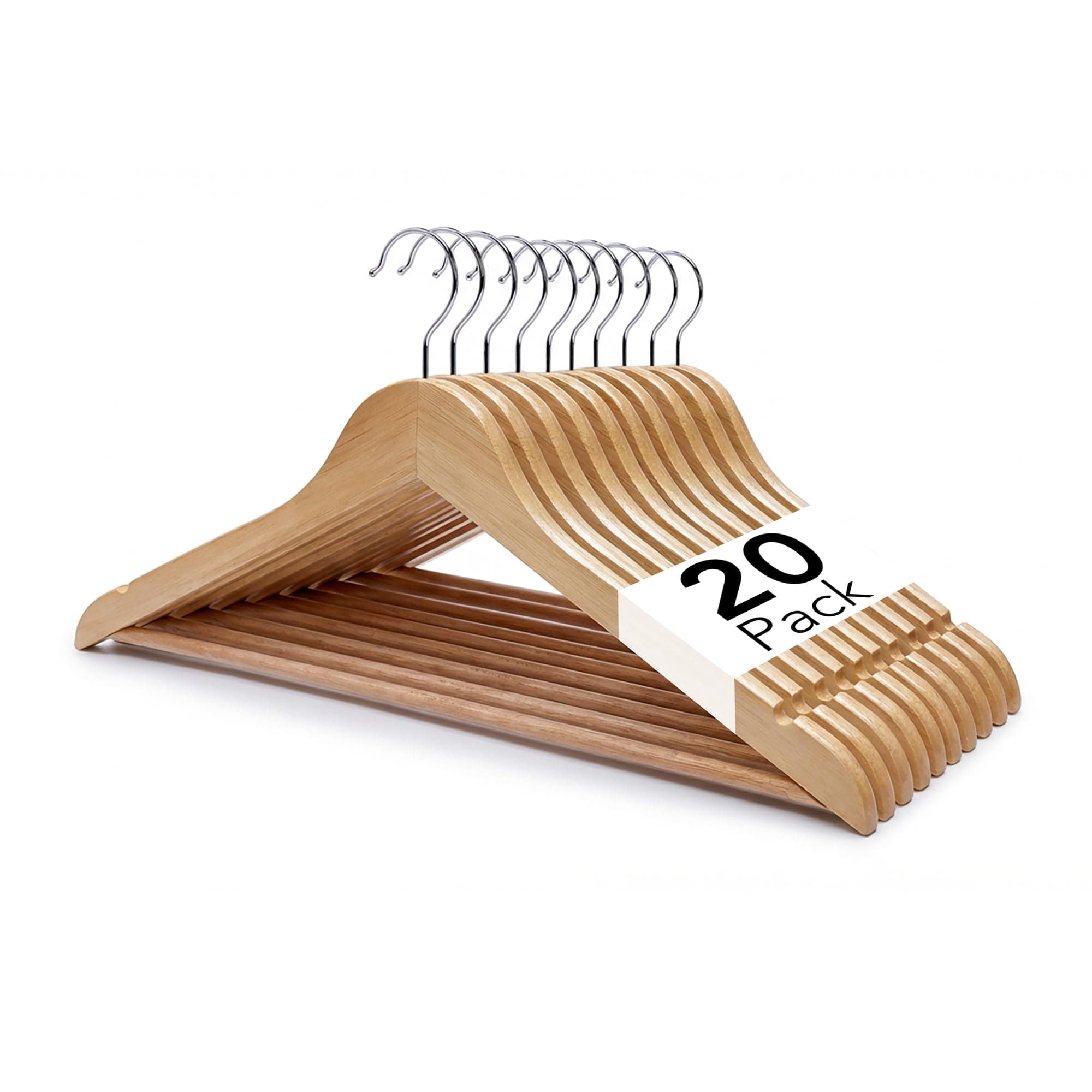 Straame - Strong Brown Premium Wooden Coat Hangers - Made with Natural Wood and Non-Slip Trouser Coat Jacket Hangers Pants Bar - Extra Smooth Finish - Strong Shoulder Notches (Pack of 20)