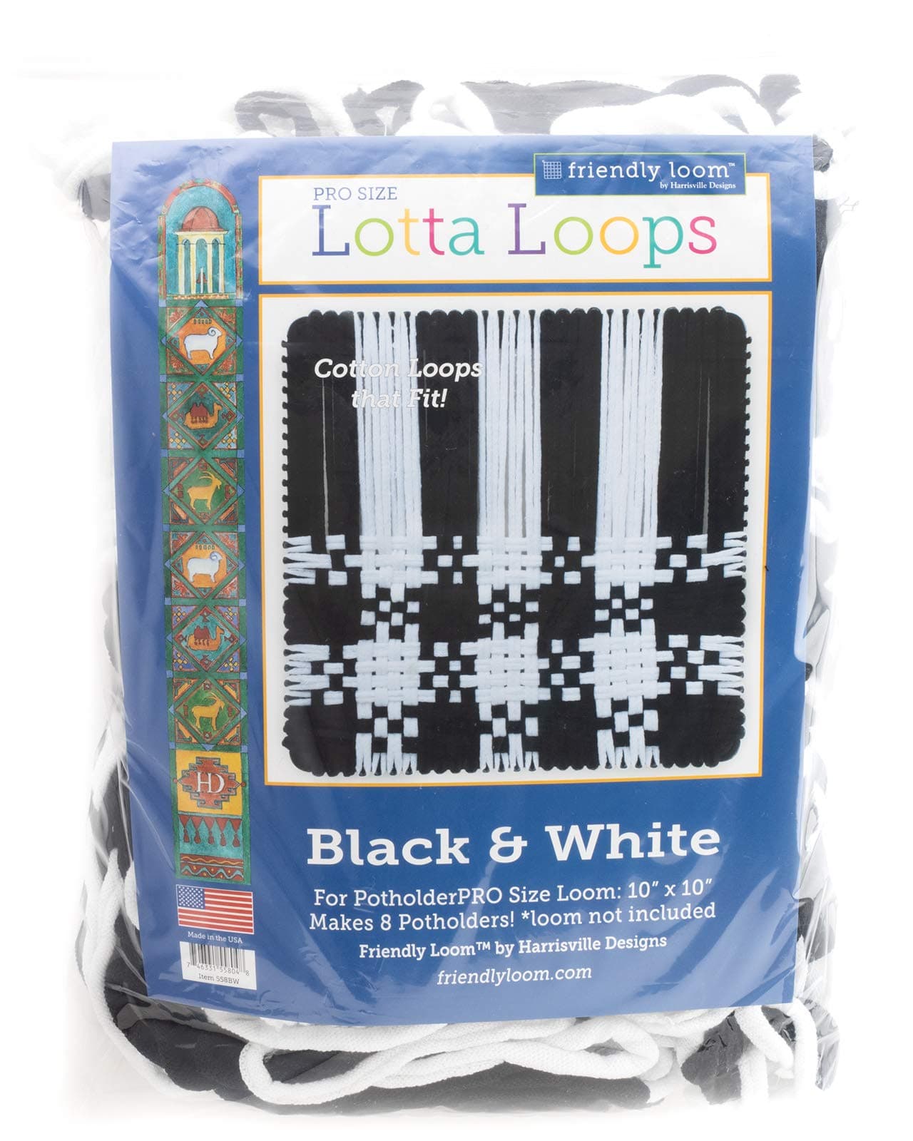 Friendly Loom Lotta Loops 10" Pro Size Cotton Loops Makes 8 Potholders, Weaving, Crafts For Kids And Adults-Black & White By Harrisville Designs