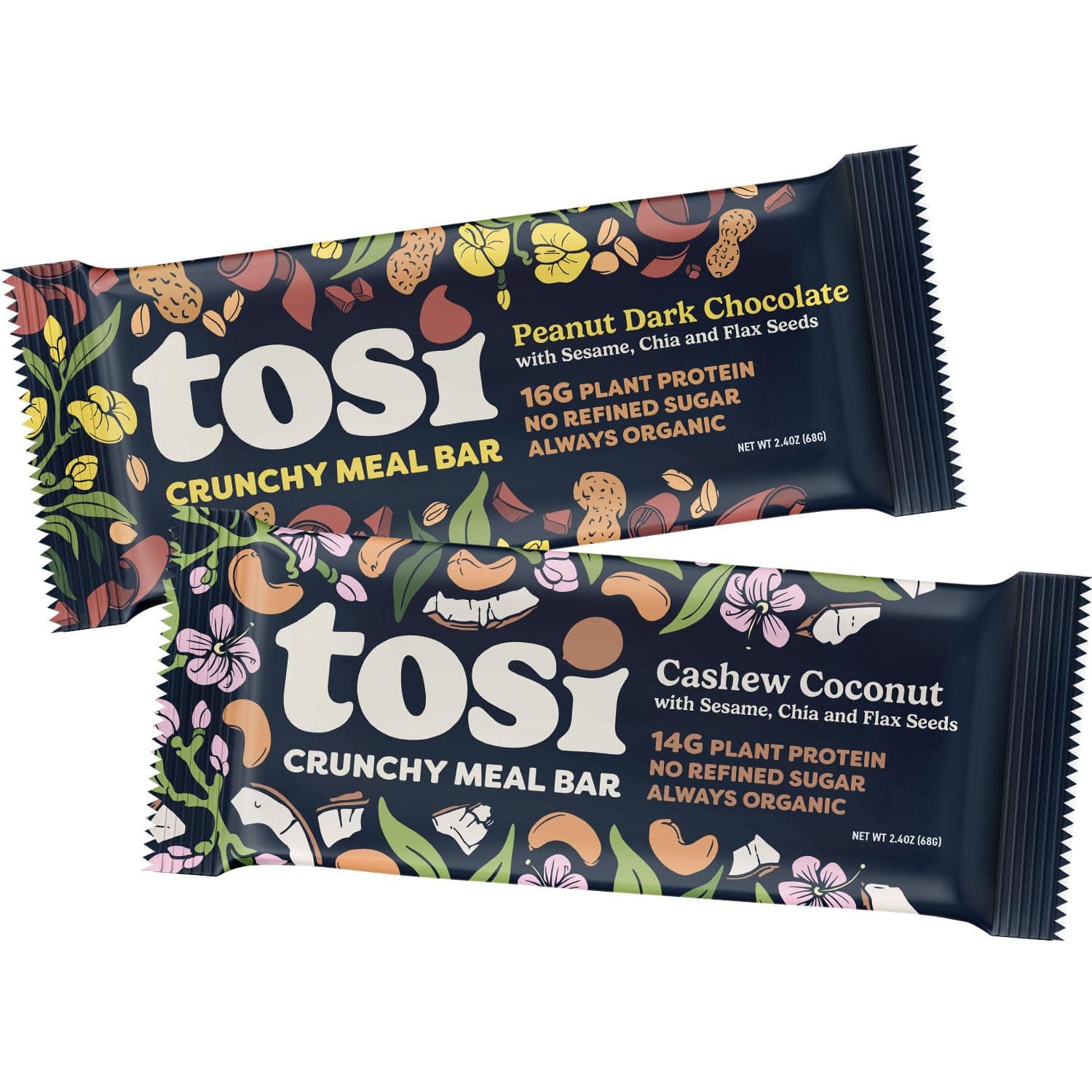 Tosi Cashew Coconut and Dark Chocolate Peanut Butter Protein Bars Combo, Plant Based with Nuts, Gluten-Free Crunchy Snacks, Vegan, Organic, Flax & Chia Seeds, Soy-Free, Omega 3s, 14G/20G Protein, 2.4 oz, 12-Pack