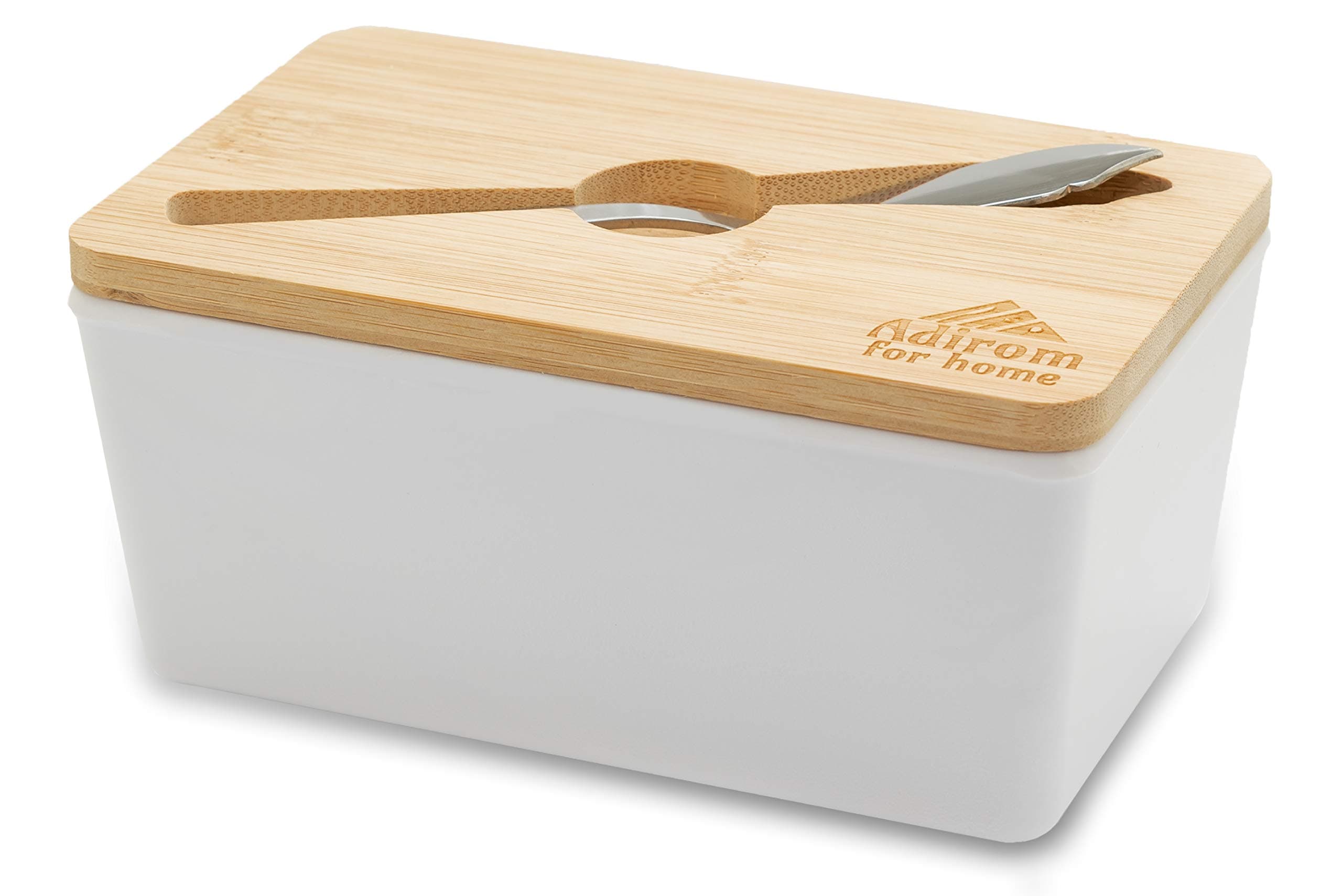 Butter Dish with Sealed Lid | Elegant Melamine Butter Keeper with Bamboo Cover | Unbreakable, Countertop Farmhouse Plastic Butter Holder Set | Keep Butter Soft and Fresh, Bonus Smearing Knife
