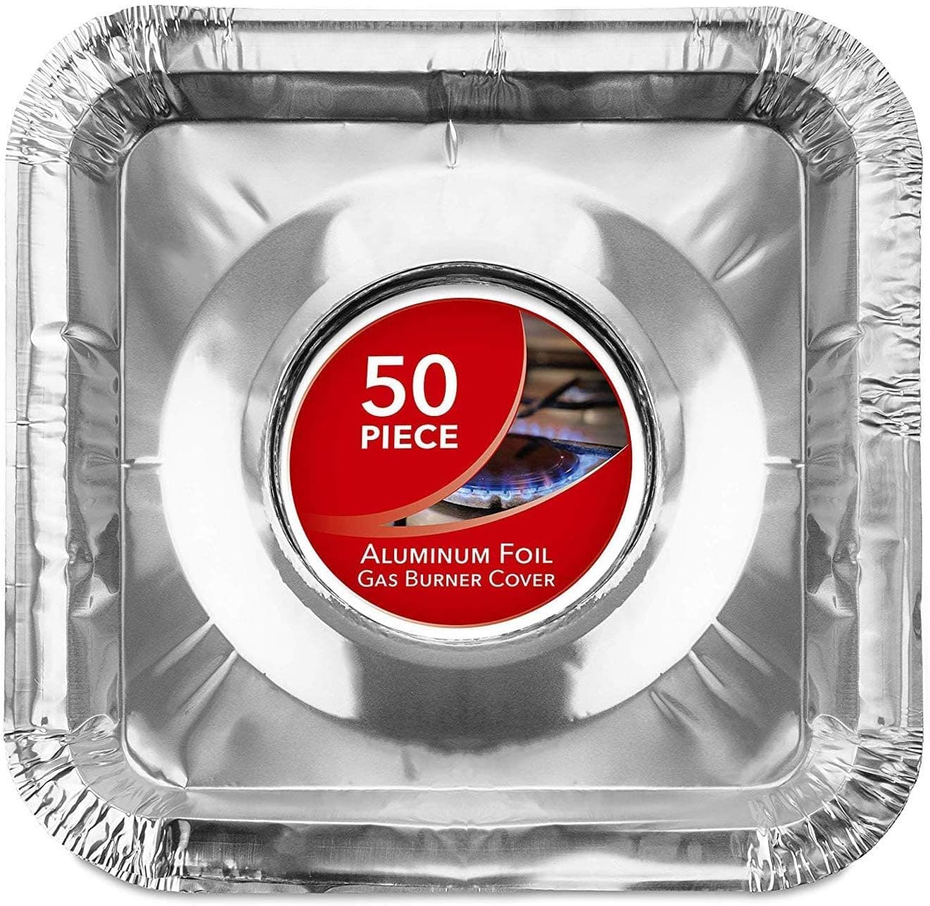 Disposable Gas Burner Liners (50 Pack) Aluminum Foil Square Gas Stove Burner Covers - 8.5 Inch Gas Range Protector, Stove Top Covers for Gas Burners, Foil Liners to Catch Oil, Grease, and Food Spills