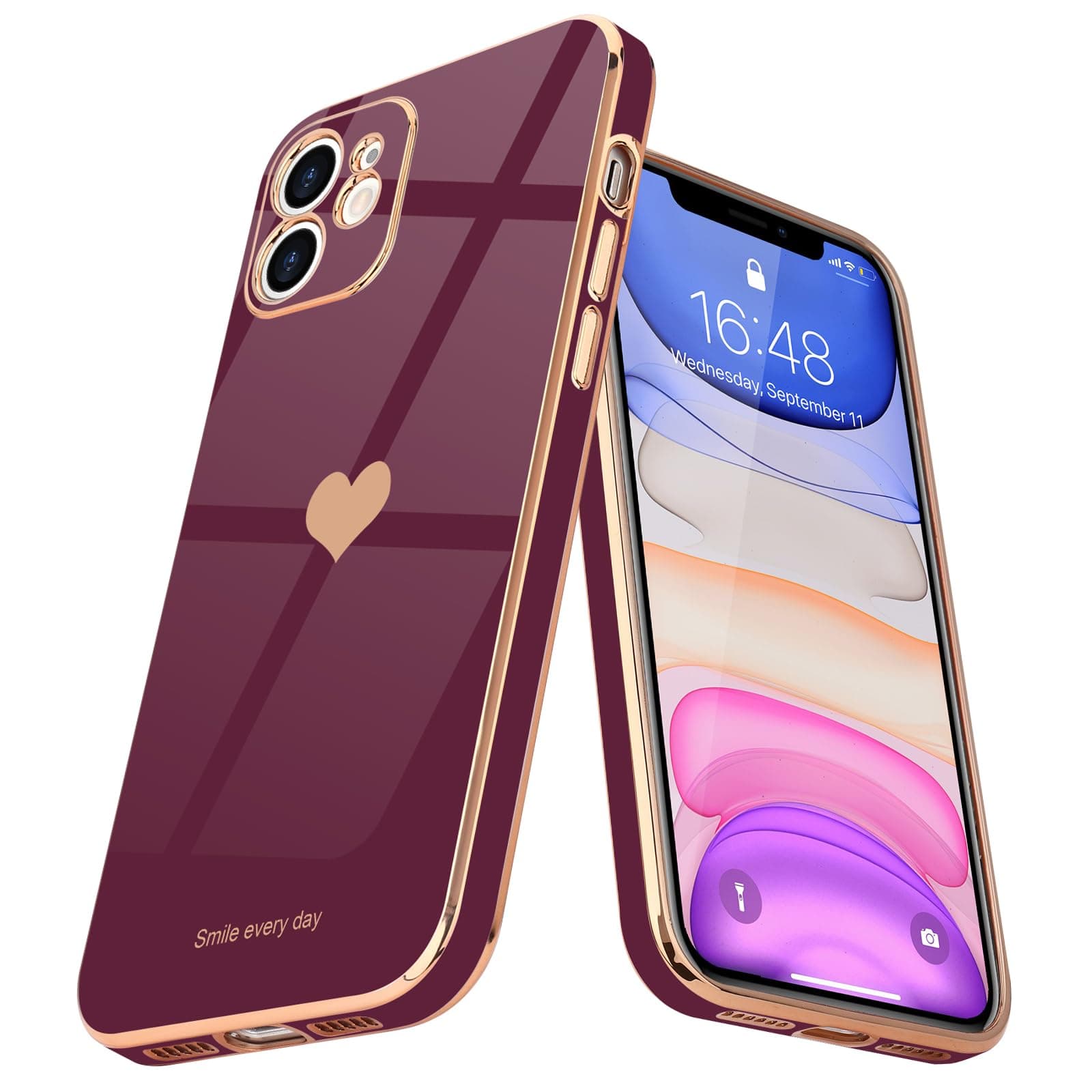 Teageo Compatible with iPhone 11 Case for Women Girl Cute Love Heart Luxury Bling Plating Soft Back Cover Full Camera Protection Bumper Silicone Shockproof Phone Case, Burgundy
