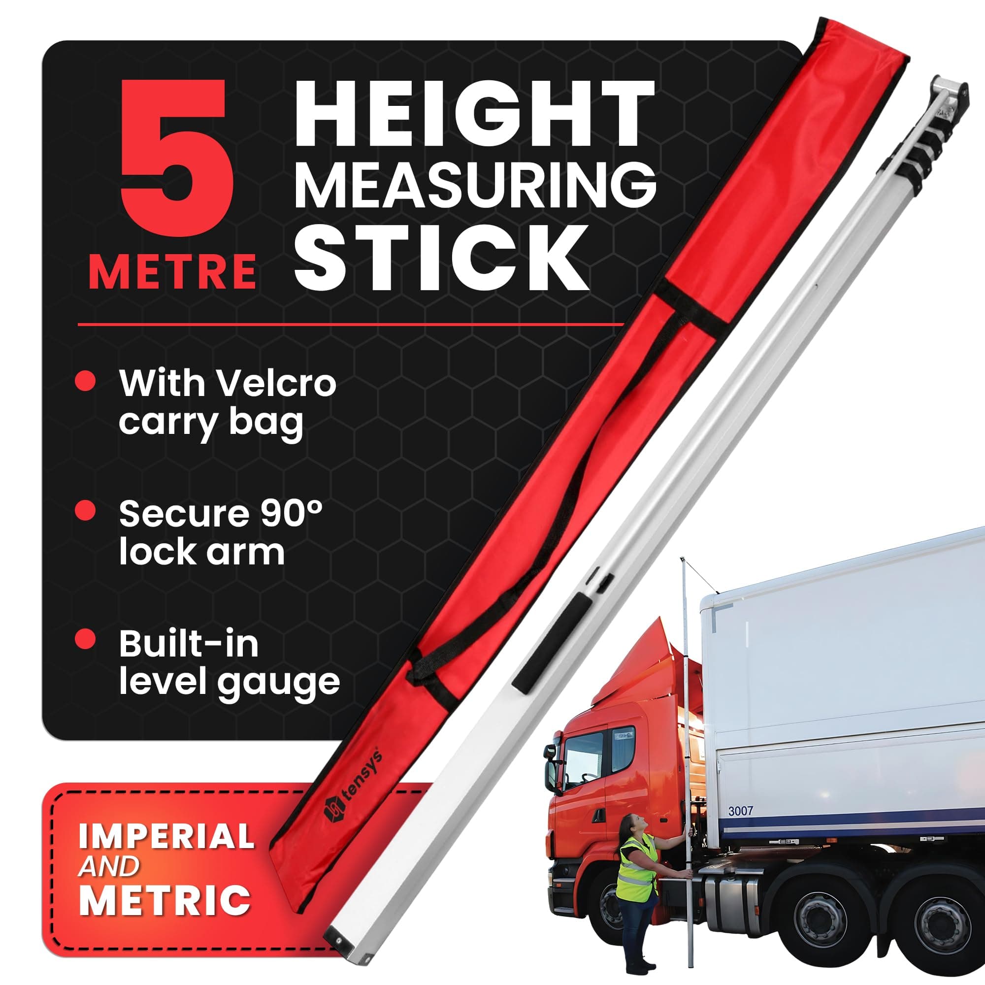 Telescopic Height Measuring Stick - Folding 5m Steel Pole for Lorry, Truck, Trailer, Caravan, Built-In Level Gauge w/Carry Bag, Foldable Sizing Device Metal Rule, Metric & Imperial Measurement
