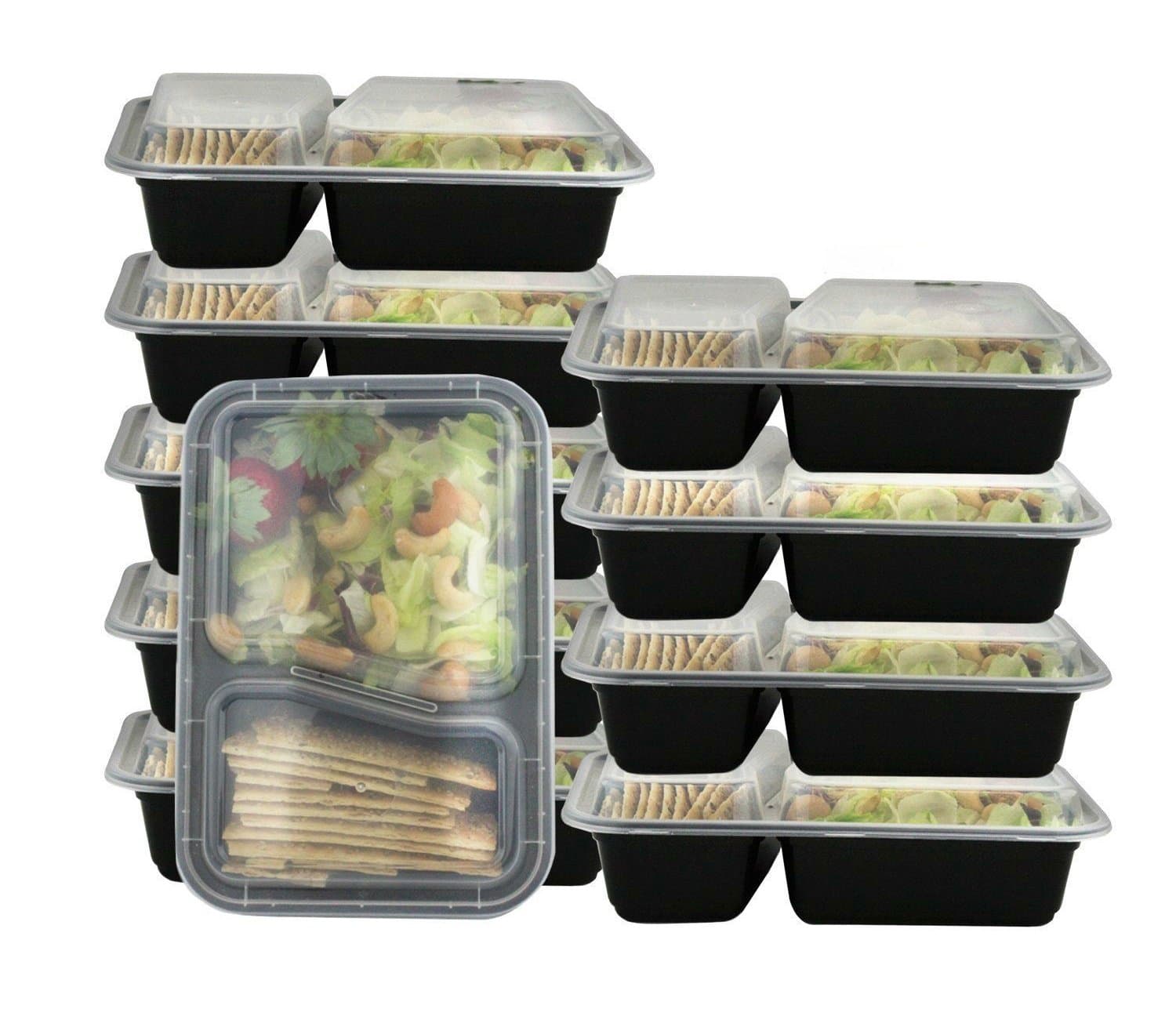 2 Compartment Portion Control Lunch Box and Food Storage Container Set -Black- 10 Pack