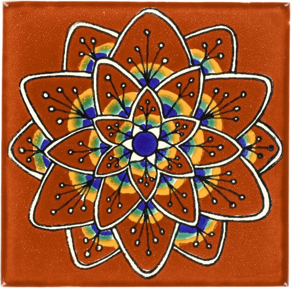 Box of 9-4¼ x 4¼ Terra Cotta Peacock Flower - Talavera Mexican Ceramic Tiles