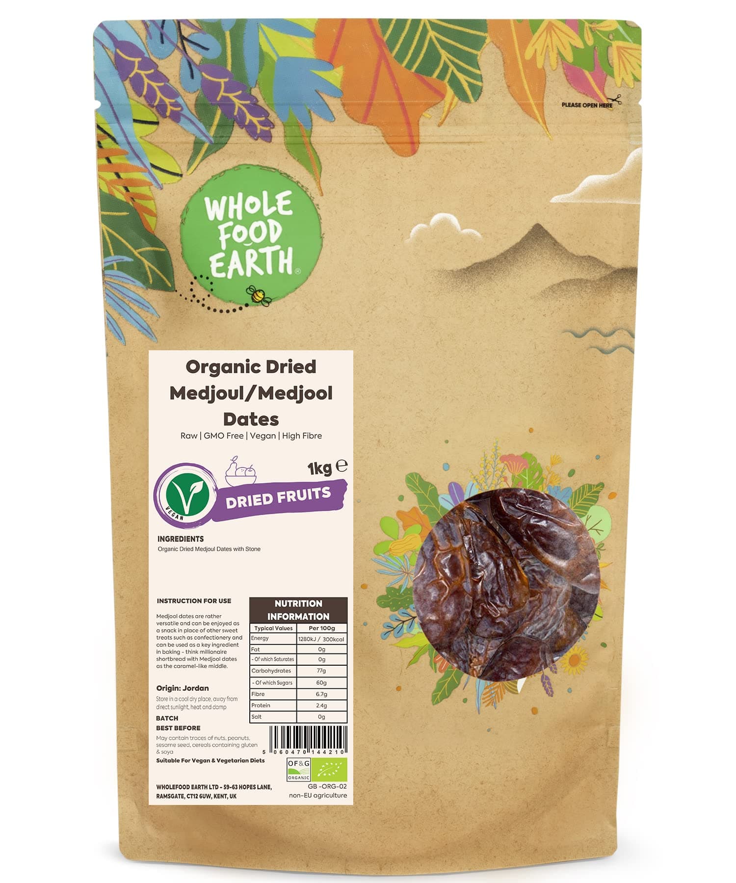 Wholefood Earth Organic Dried Medjoul/Medjool Dates – 1 kg | Raw | GMO Free | Vegan | High Fibre | Certified Organic