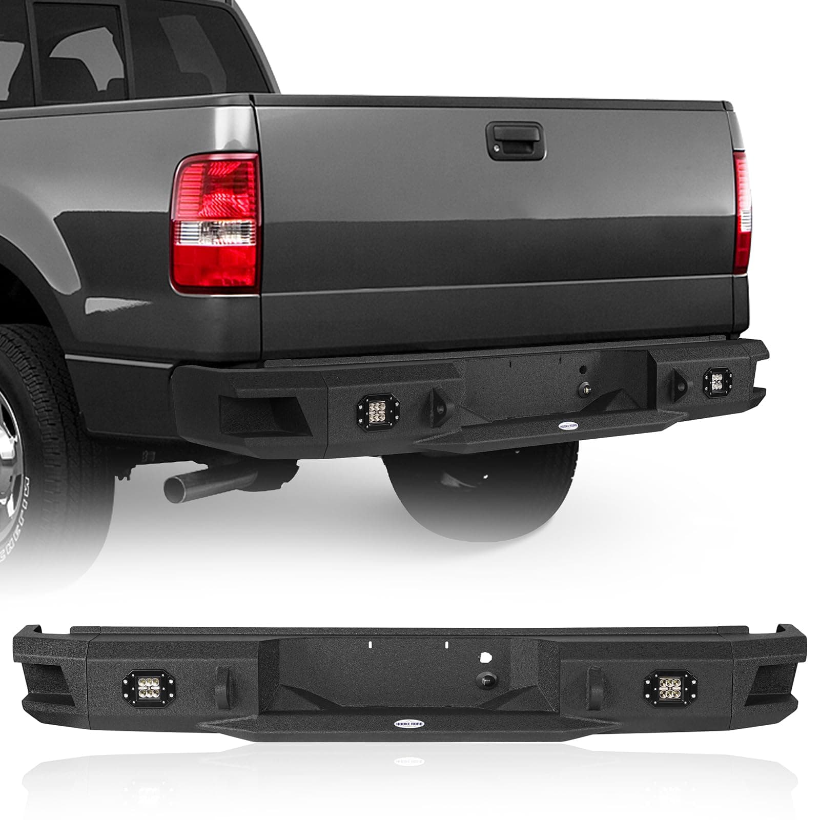 Hooke Road 06-08 F150 Rear Bumper, Back Step Bumper w/LED Lights & D-Ring Mounts for Ford F-150 2006 2007 2008 Pickup Trucks, Textured Black Steel