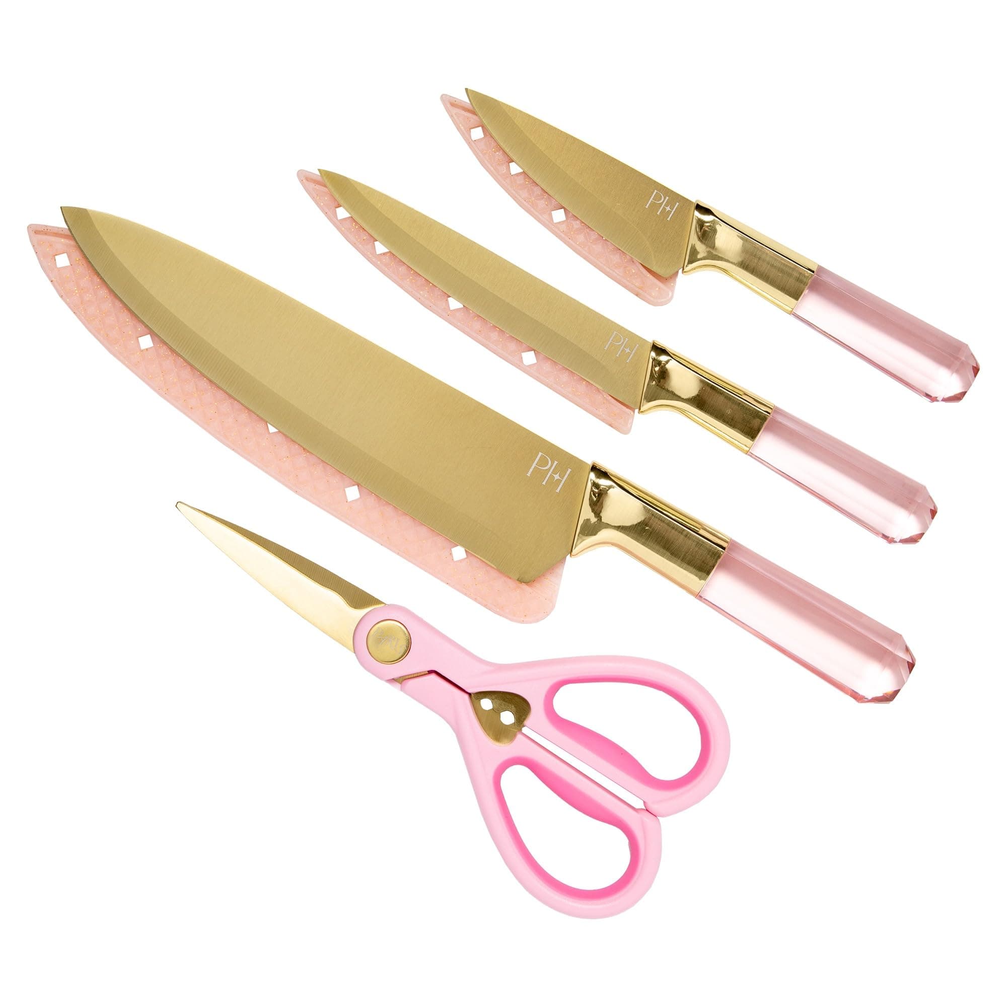 Stainless Steel Knife Set with Jewel Shaped Handles and Gold Blades, Iconic Cutlery Set, 4-Piece, Pink