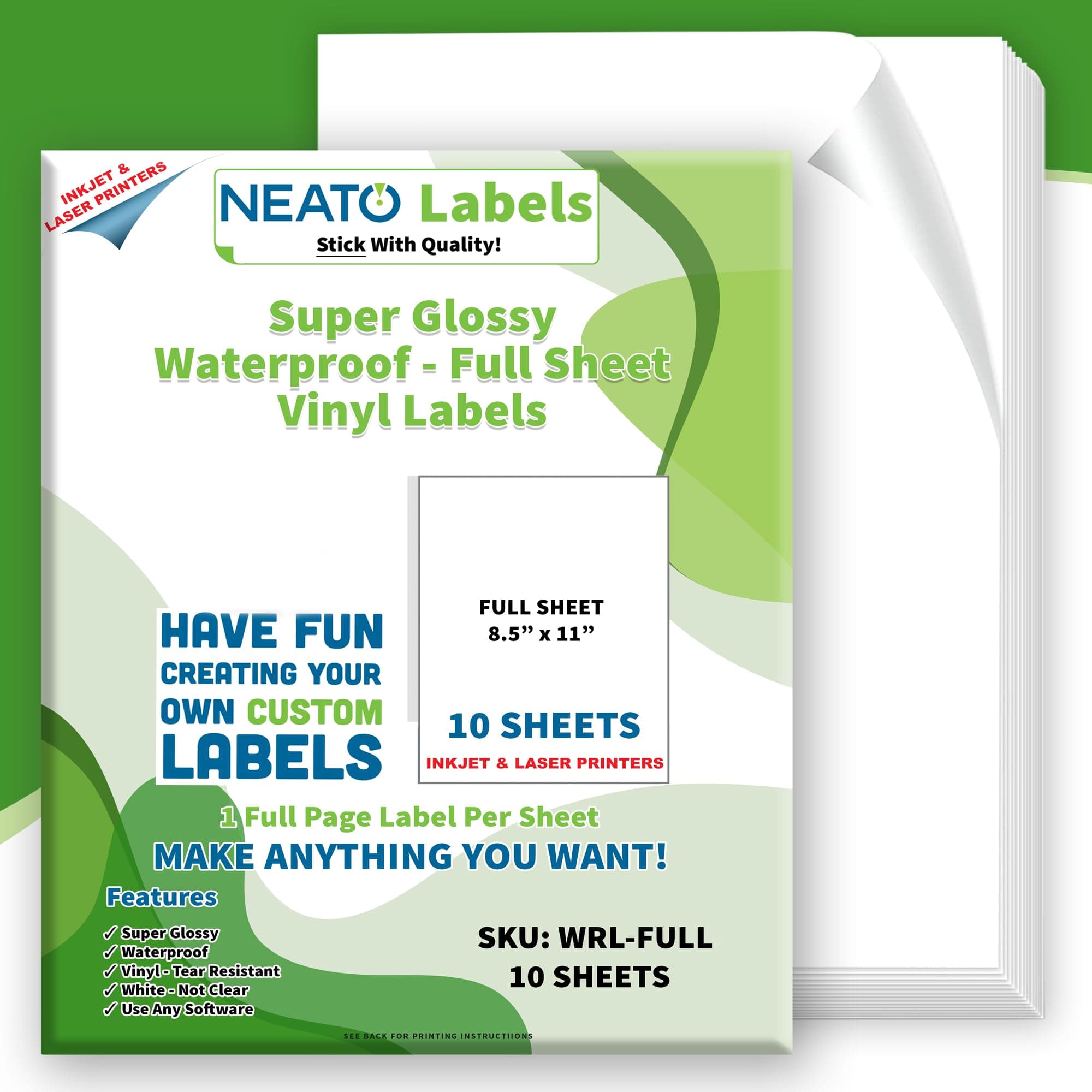 Printable Vinyl Waterproof Sticker Paper for Inkjet and Laser Printers - 10 White Full Sheet Super Gloss Kraft Labels - Strong Adhesive - Tear Resistant - Made in USA - Design Software Included