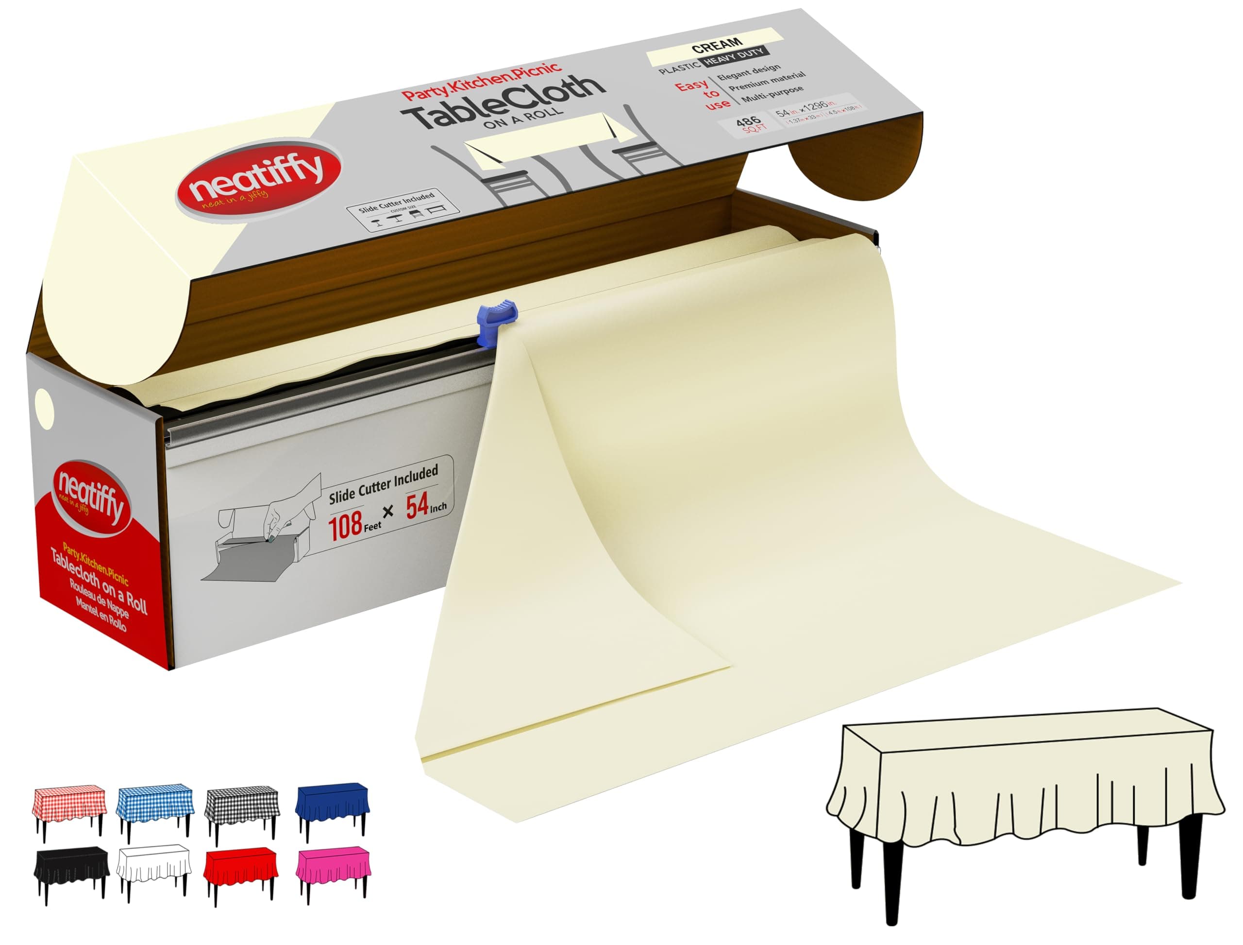 Neatiffy Disposable Plastic Table Cloth Roll | 54 in x 108 Ft Waterproof Tablecloth | Table Cover for Rectangle, Square, Round Oval Tables | Picnic, Party, Banquet, Birthdays, Weddings - Ivory