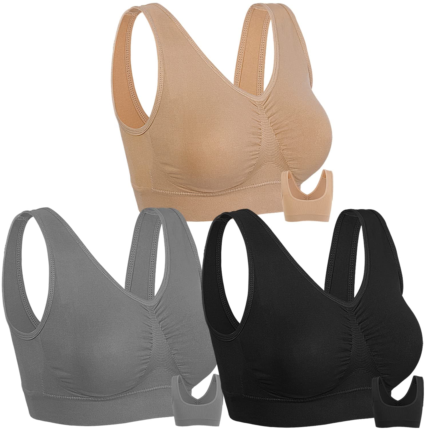3 Pack Sports Bras for Women Wirefree Padded Workout Yoga Gym Fitness Bra Medium Support