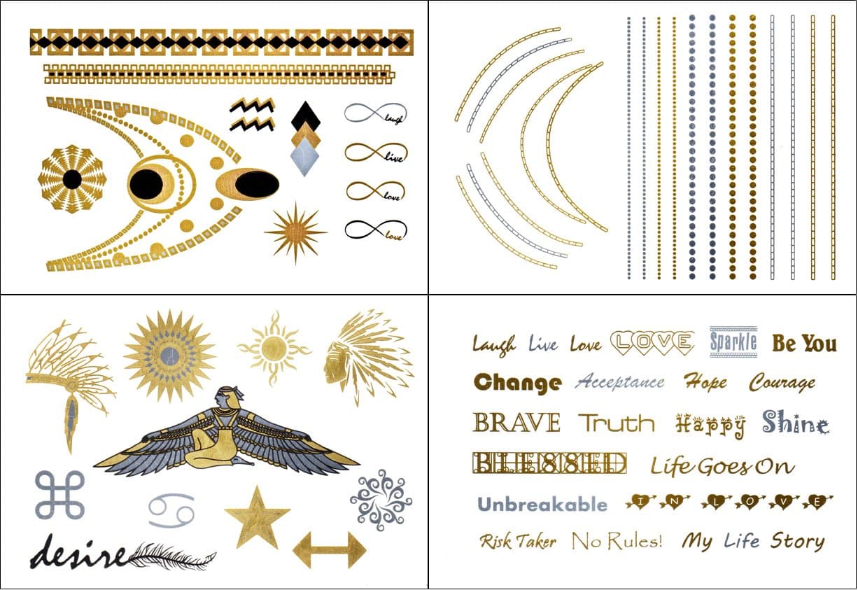 Flash Tattoo Style Metallic Jewelry Tattoos - Gold and Silver Jewelry Tattoos - 4 Sheets