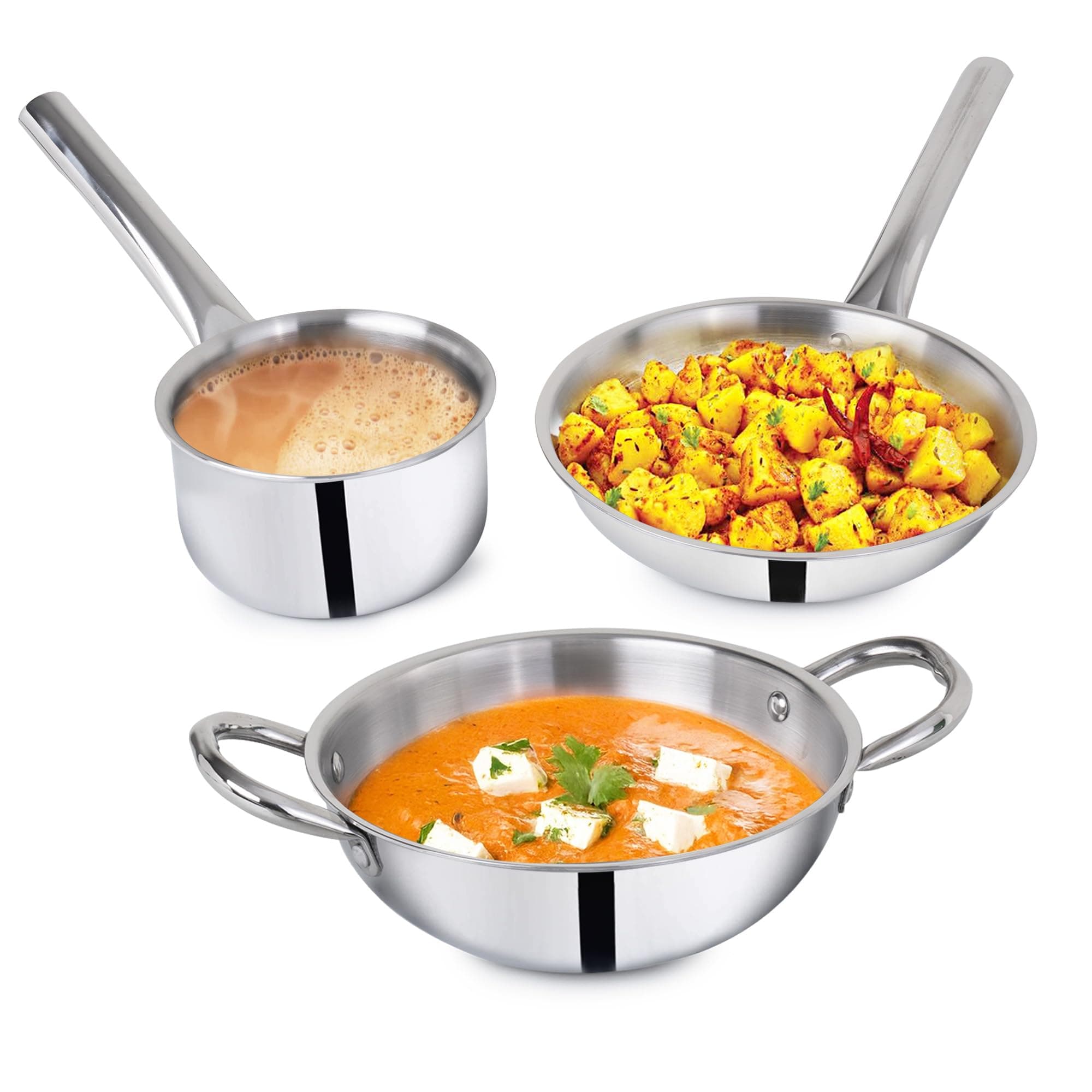 Triply Stainless Steel Cookware Set | Kadai (22 Cm/2.2L)+ Fry Pan (22 Cm/1.4L) + Sauce Pan (14Cm/1.2L) | Kitchen Cooking Combo Pots & Pans Set Of 3Pcs | Naturally Nonstick,Silver