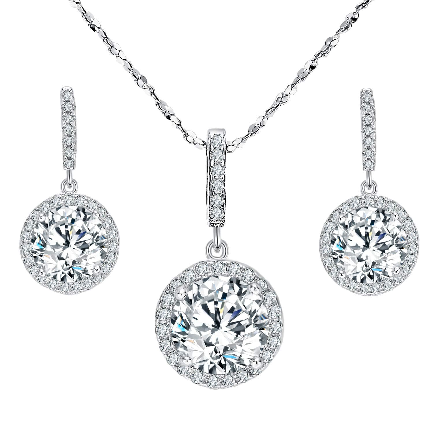 925 Sterling Silver CZ Gorgeous Round Cut Wedding Pendant Necklace Earrings Set for Women