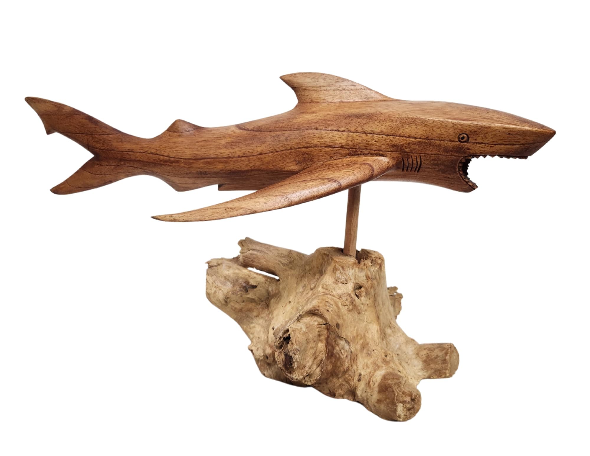 Shark LG Hand Carved Wood MACO Shark on Wood Coral Stand Nautical Ocean Decor