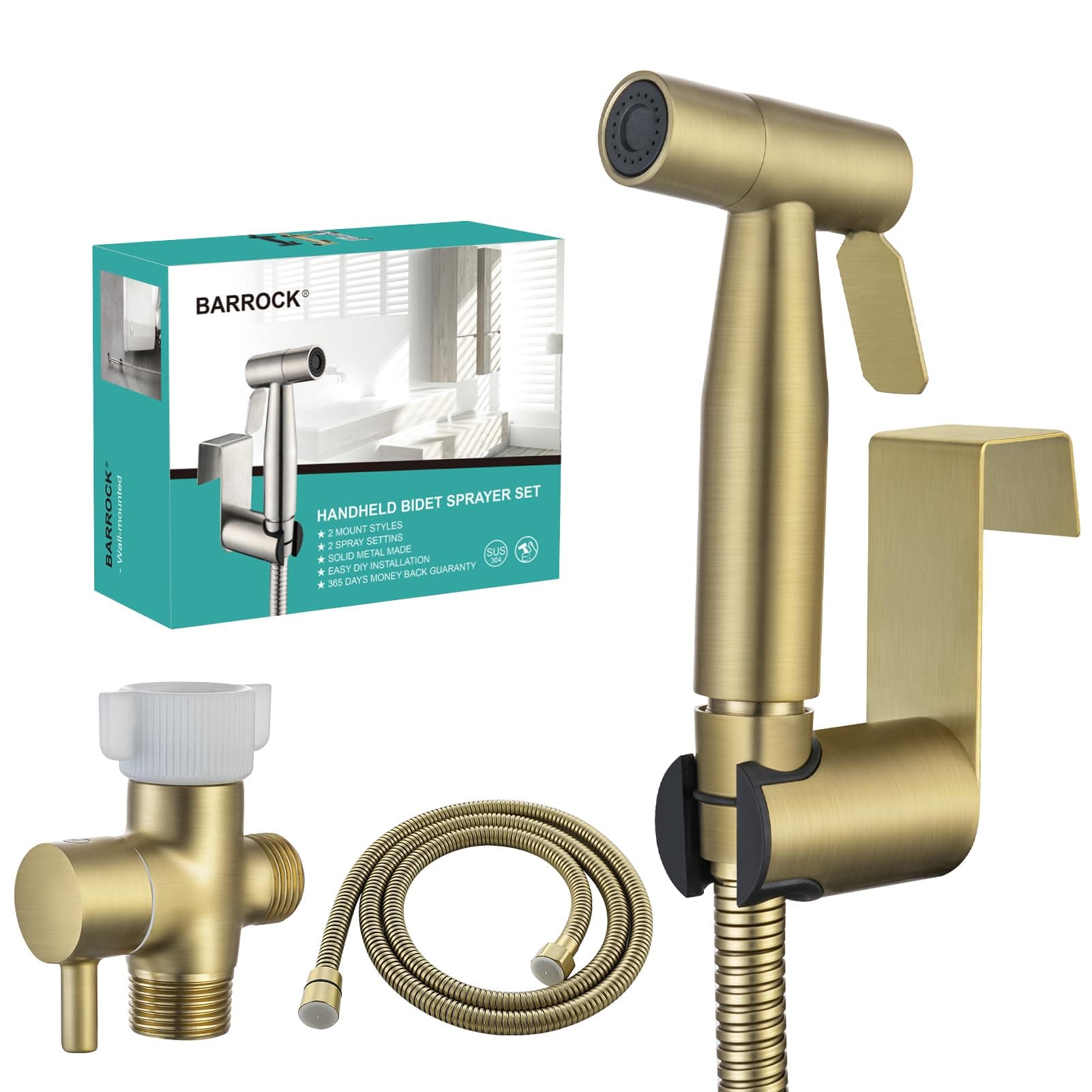 Handheld Bidet Sprayer for Toilet, Stainless Steel Metal Made Baby Cloth Diaper Spraying Kit, Bathroom Toilet Bidet Attachment Set for Bathing Pets and Feminine Hygiene, Brushed Brass Gold