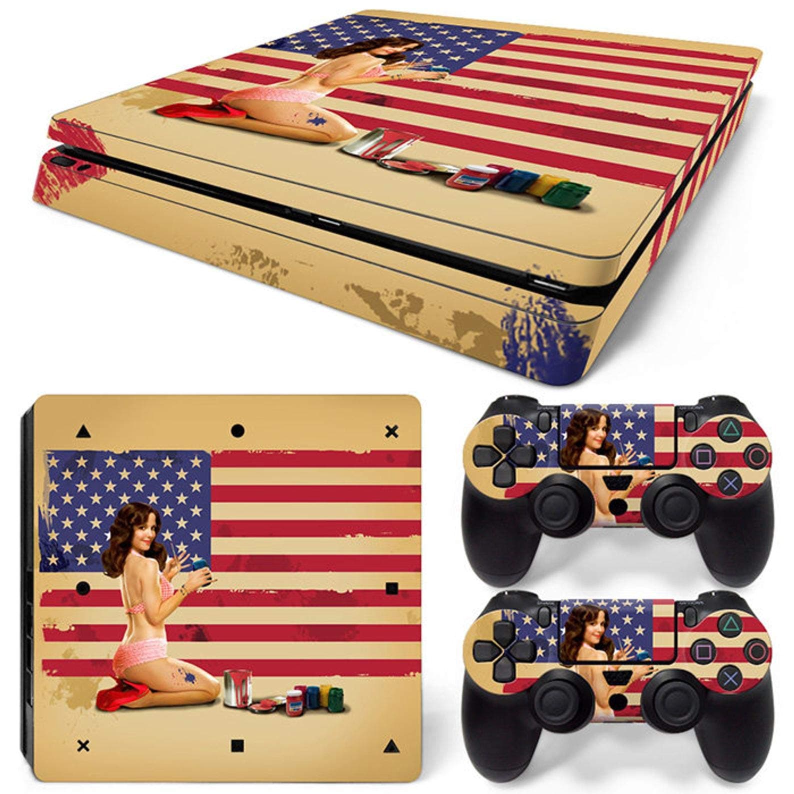 ZOOMHITSKINSPS4 Slim Skins, Sexy Girl America Woman USA Vintage Flag Red Blue Classic Old, Durable, Bubble-Free Goo-Free,Cover Set of 2 Controller Skins 1 Console Skin, Made in USA