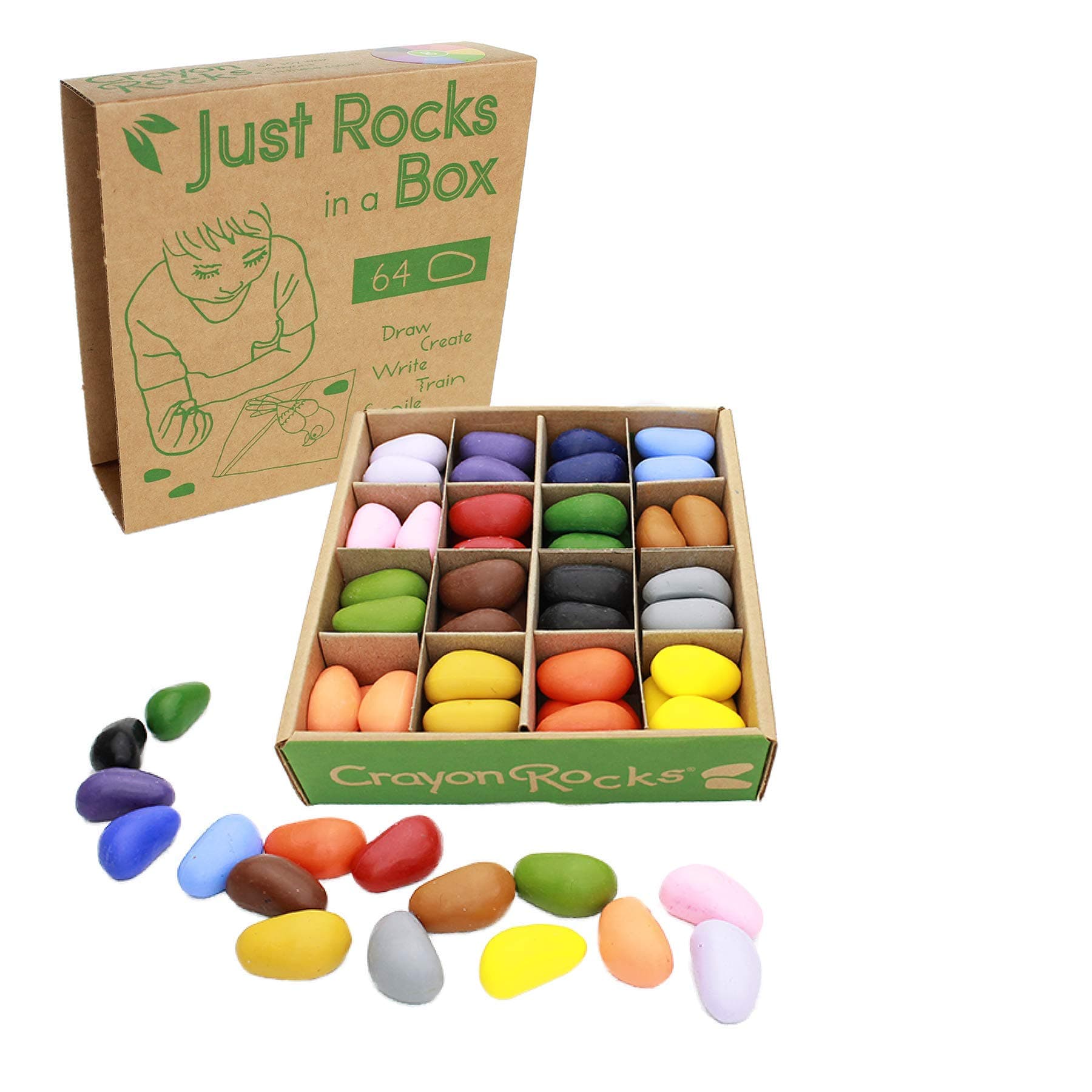 Crayon rocks - Non-Toxic soya crayons for kids [pencil grip stimulating] - "just Rocks" (64) durable ecological wax crayons in 16 washable colours in kraft paper box - drawing on paper and fabric