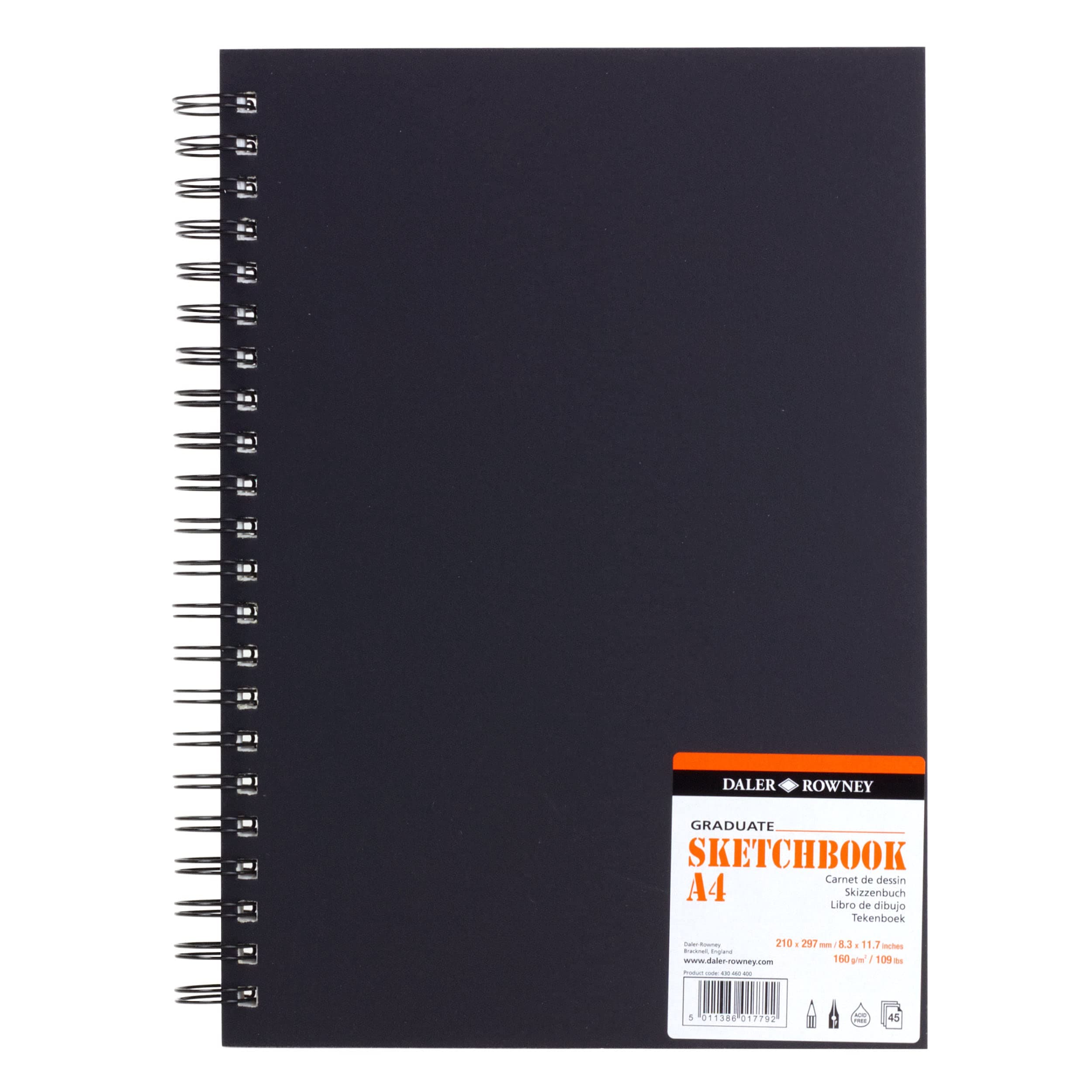 Daler-Rowney Graduate Lightly Textured 160gsm Spiral Bound A4 Hardback Portrait Sketchbook, 45 White Sheets, Ideal for Students