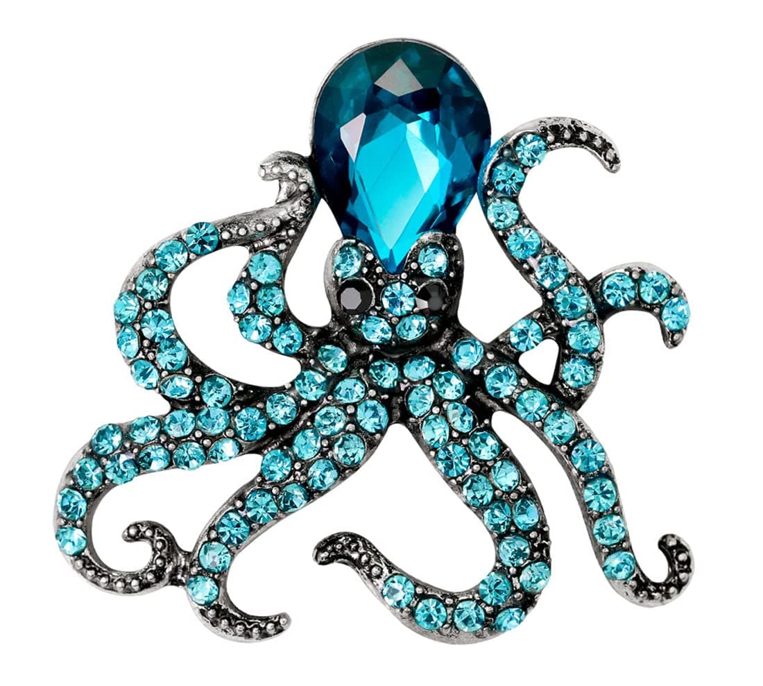 Gyn&JoyAntique Silver Tone Blue Green Colored Crystal Rhinestones Octopus Brooch Pin