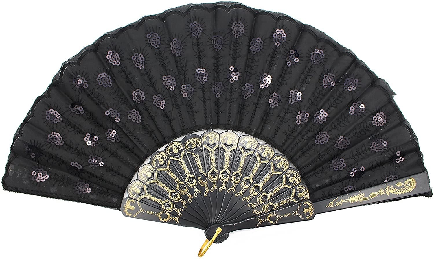 Hand Fan (Black) - Elegant Fabric Folding Hand Fan - Snaps Open, Easy to Handle. Cools effortlessly. Perfect Ballet and Dance Fan.